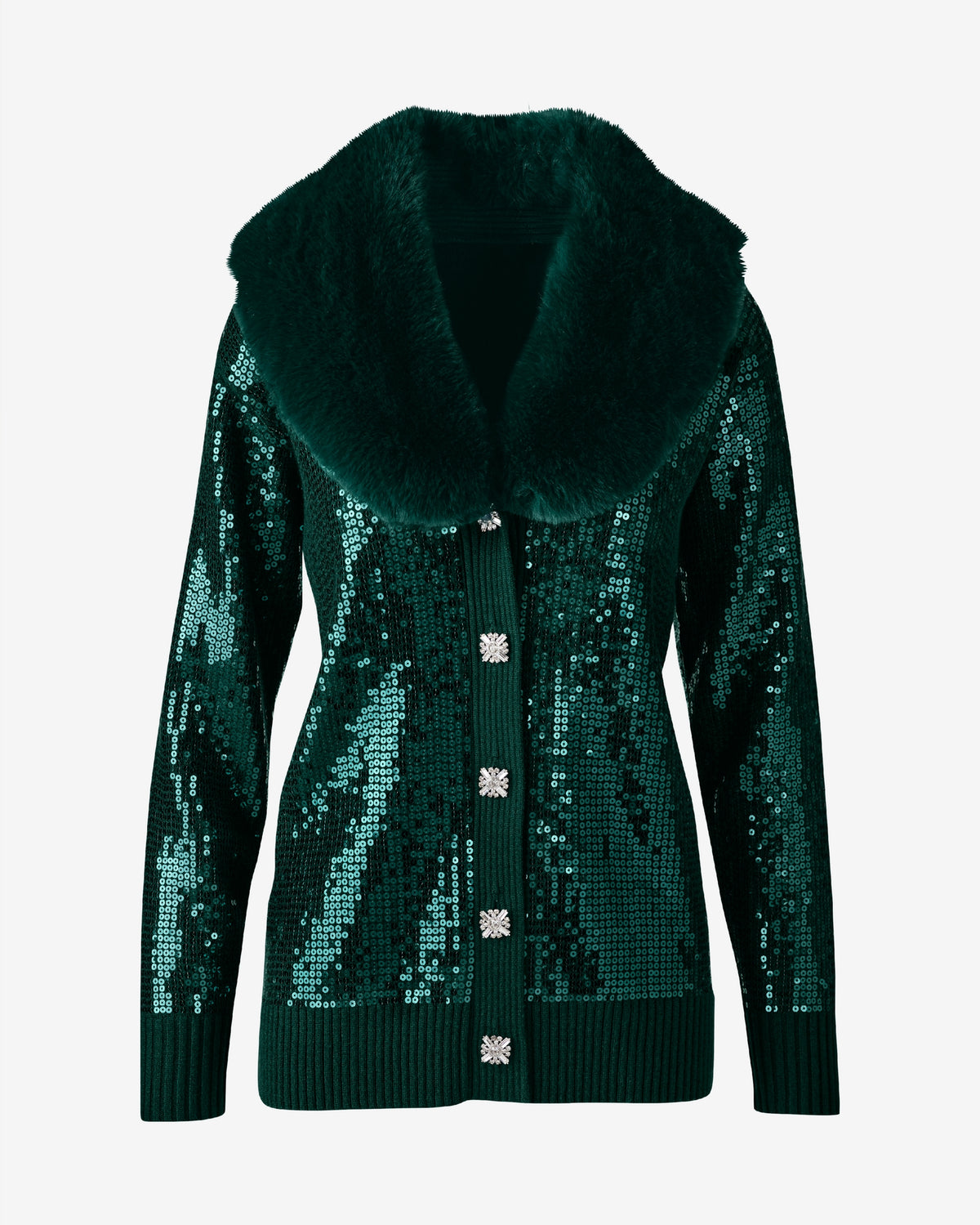 Sequin Embellished Faux Fur Collar Cardigan Deep Emerald