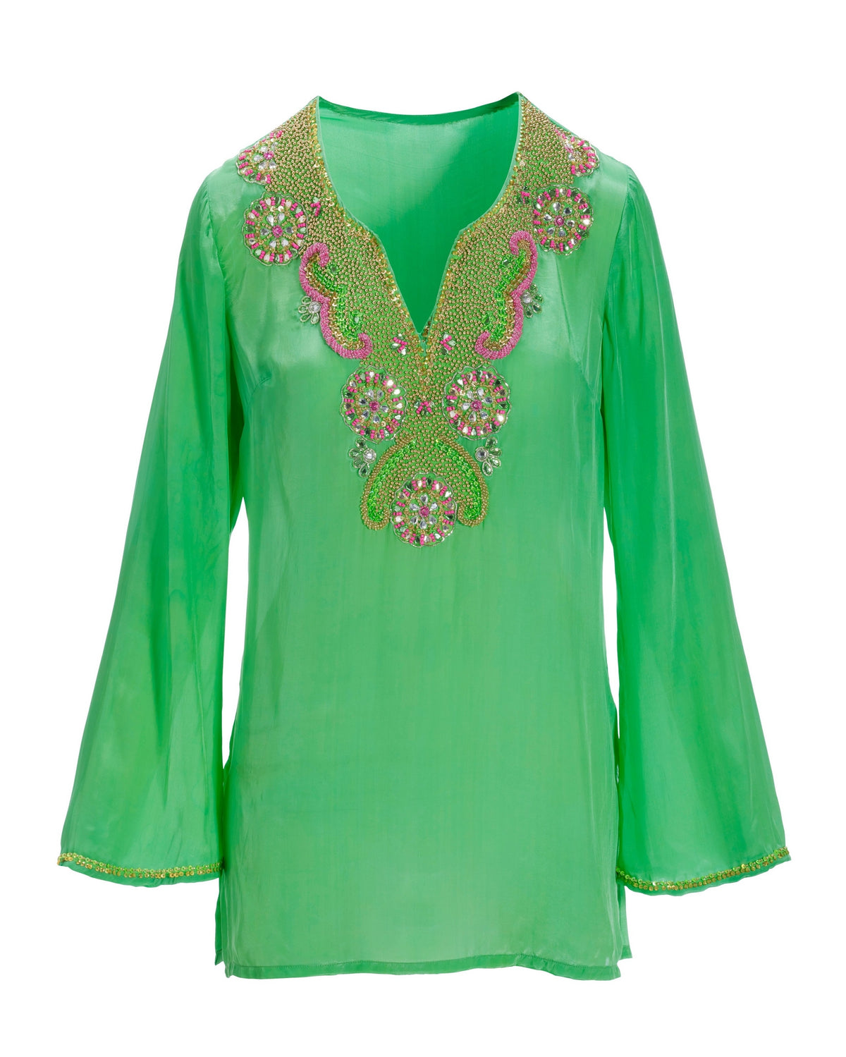 Novelty Beaded V-Neck Tunic Top Green