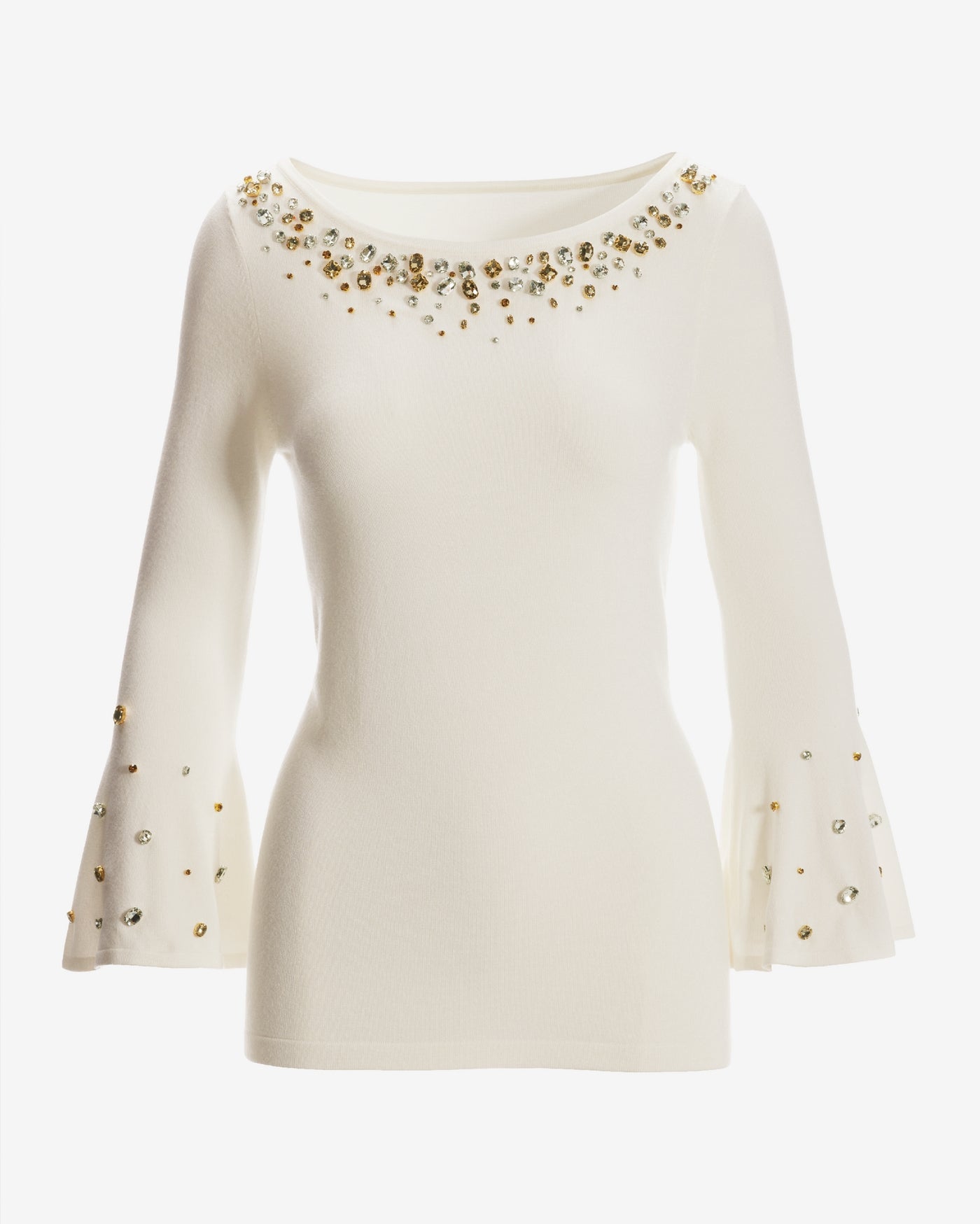 Embellished Boat Neck Flare Sleeve Sweater Off White