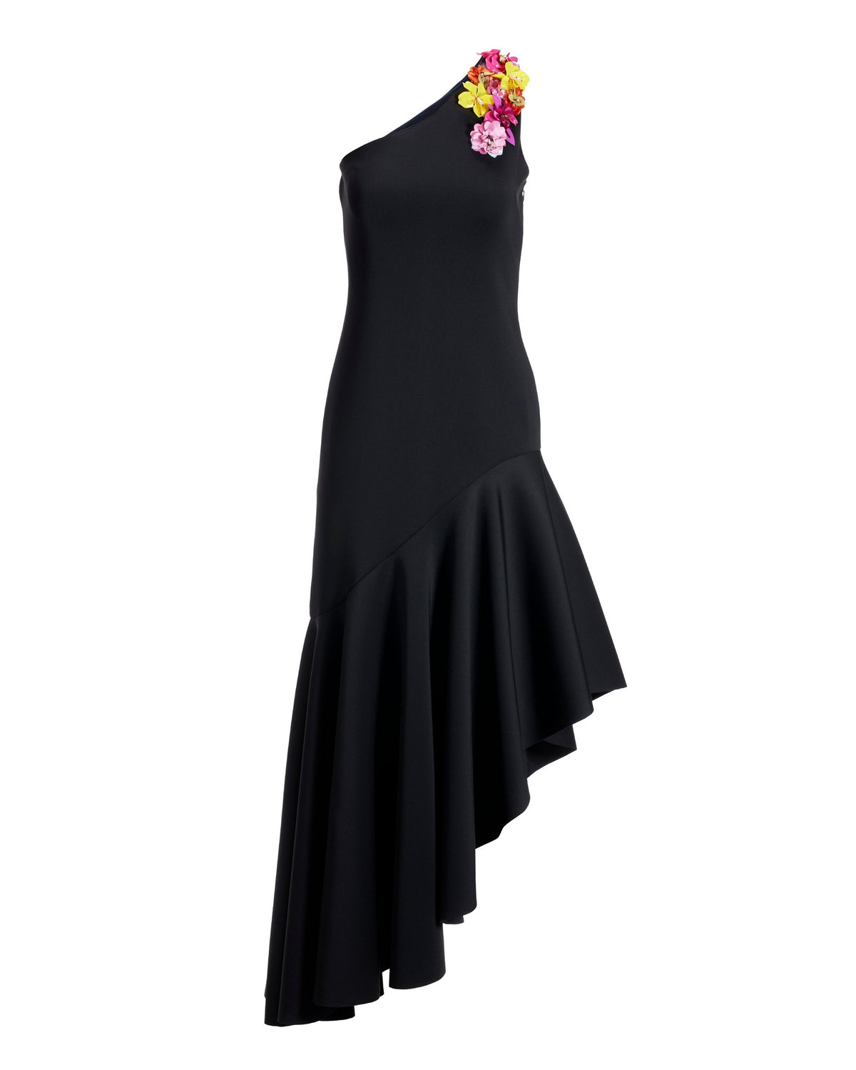 One-Shoulder 3D Floral High-Low Gown Black
