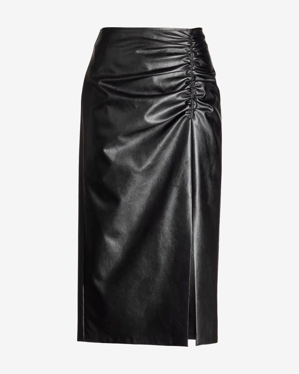 Faux Leather Ruched Midi Skirt Black