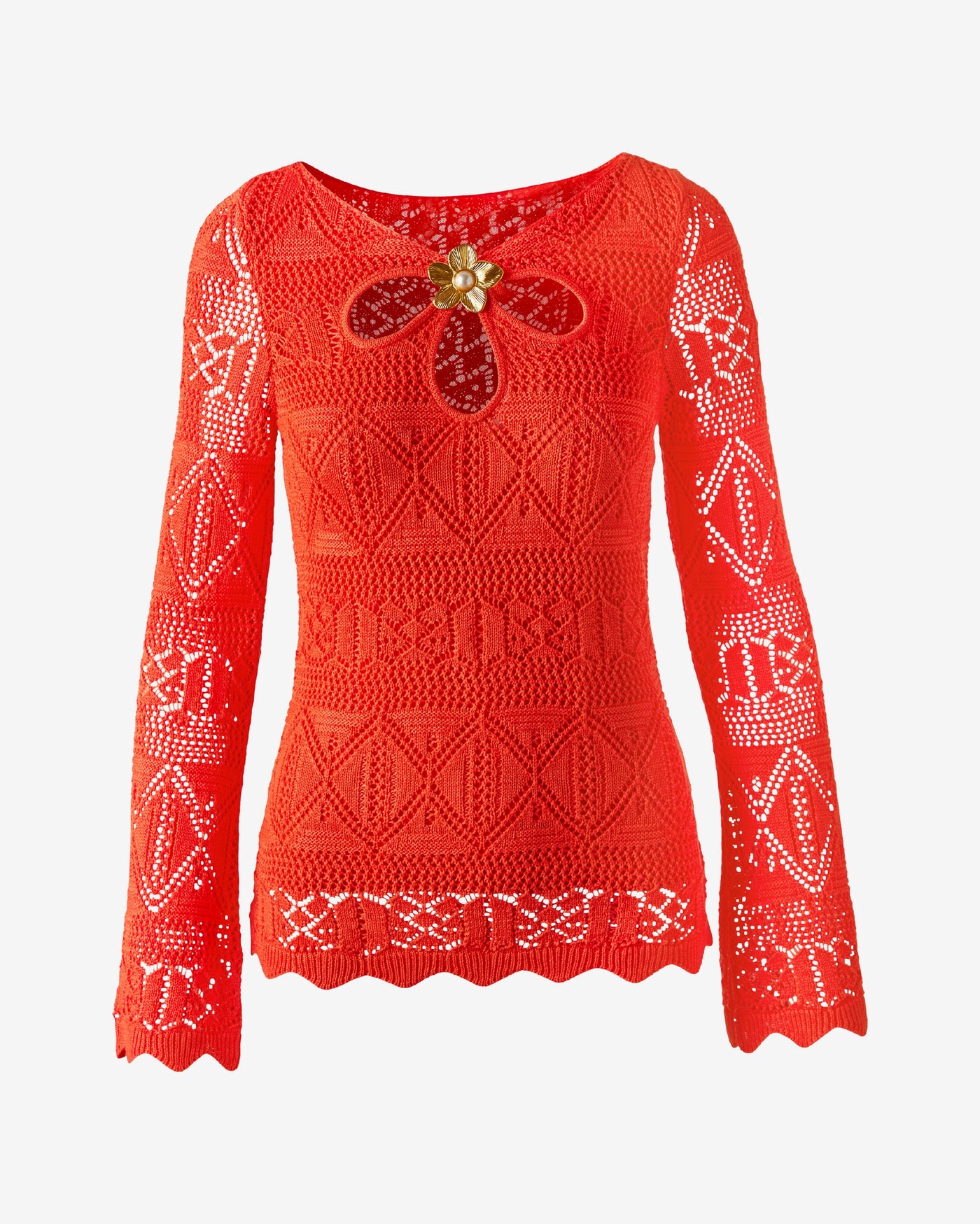 Pointelle Sweater with Gold Neckline Hardware Mandarin Red