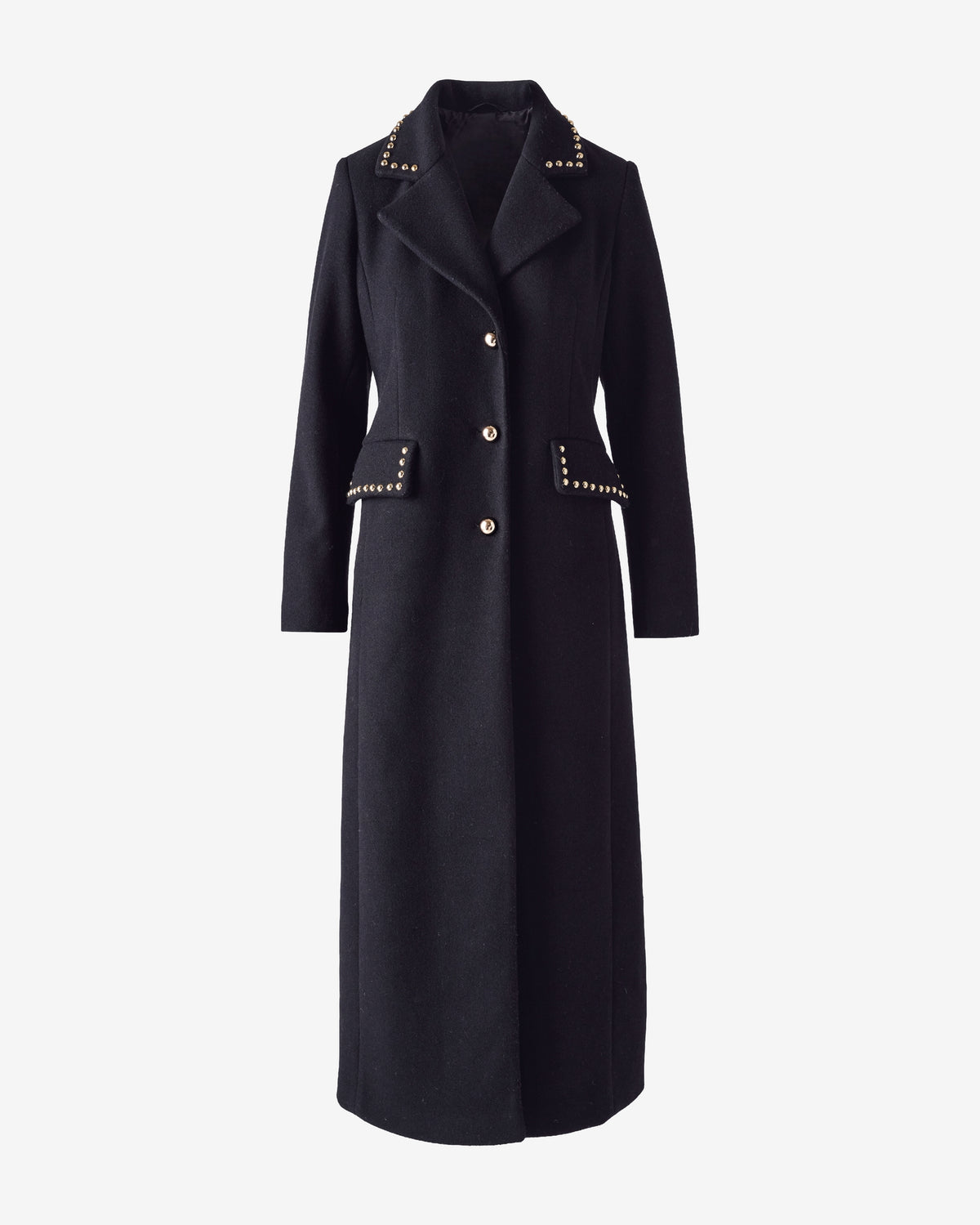 Faux Wool Maxi Coat with Notch Collar and Studs Black