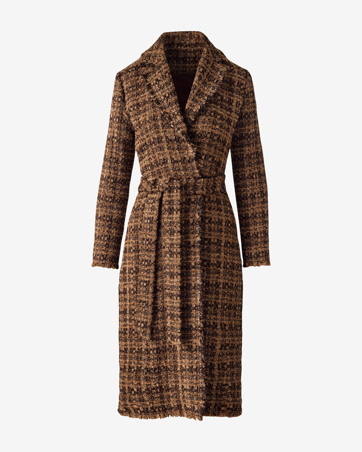 Tweed Duster with Fringe Trim Brown Multi