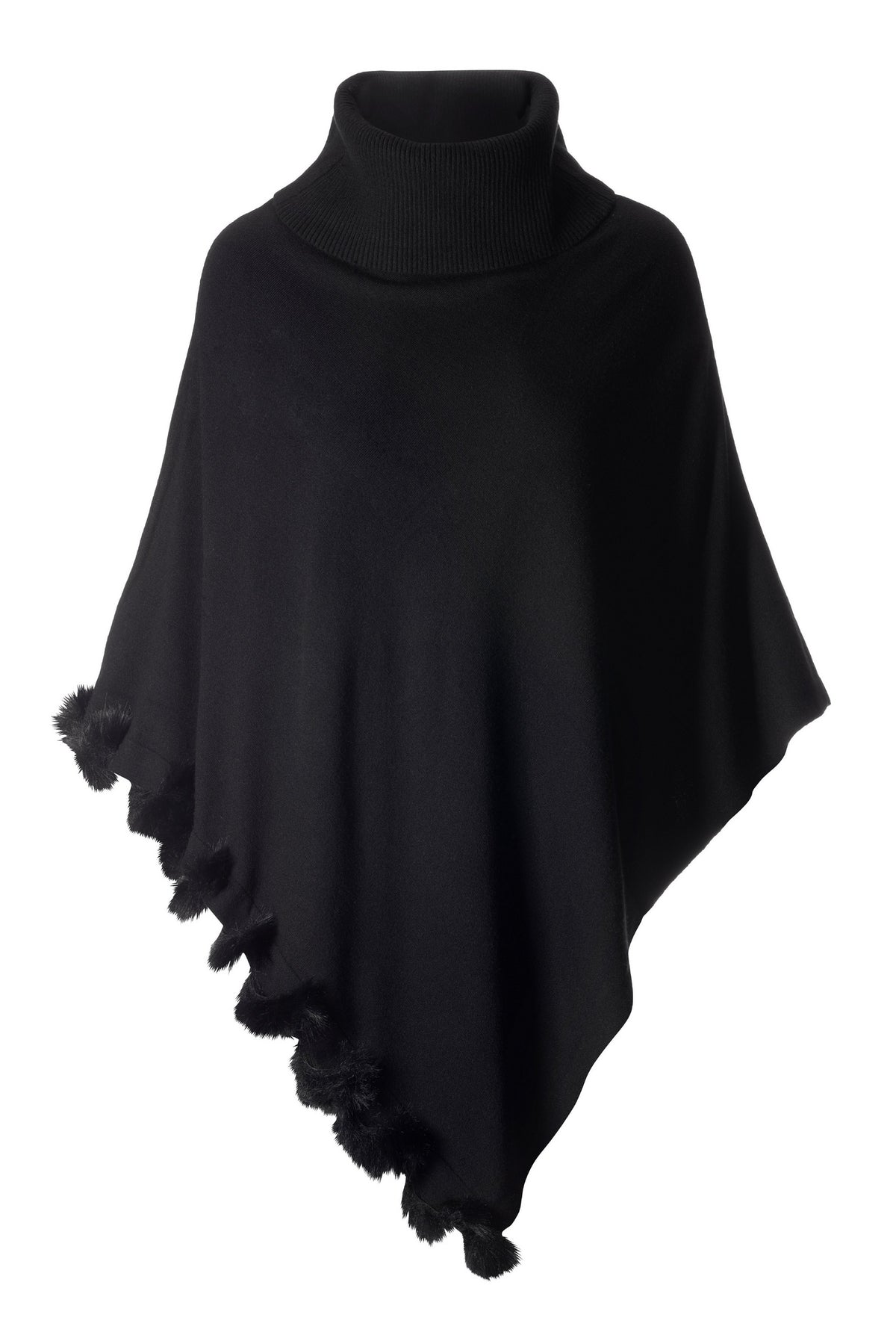 Faux Fur Trim Turtleneck Poncho Black