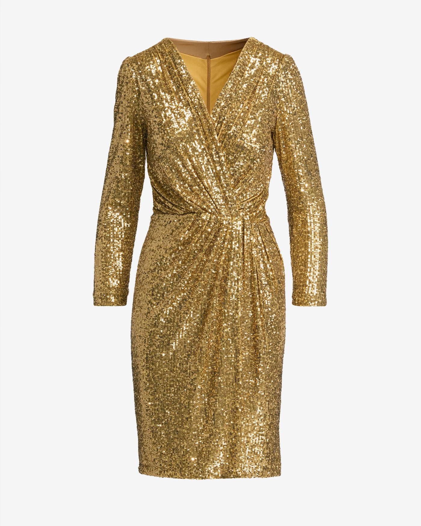Sequin Long Sleeve V Neck A Line Dress Gold