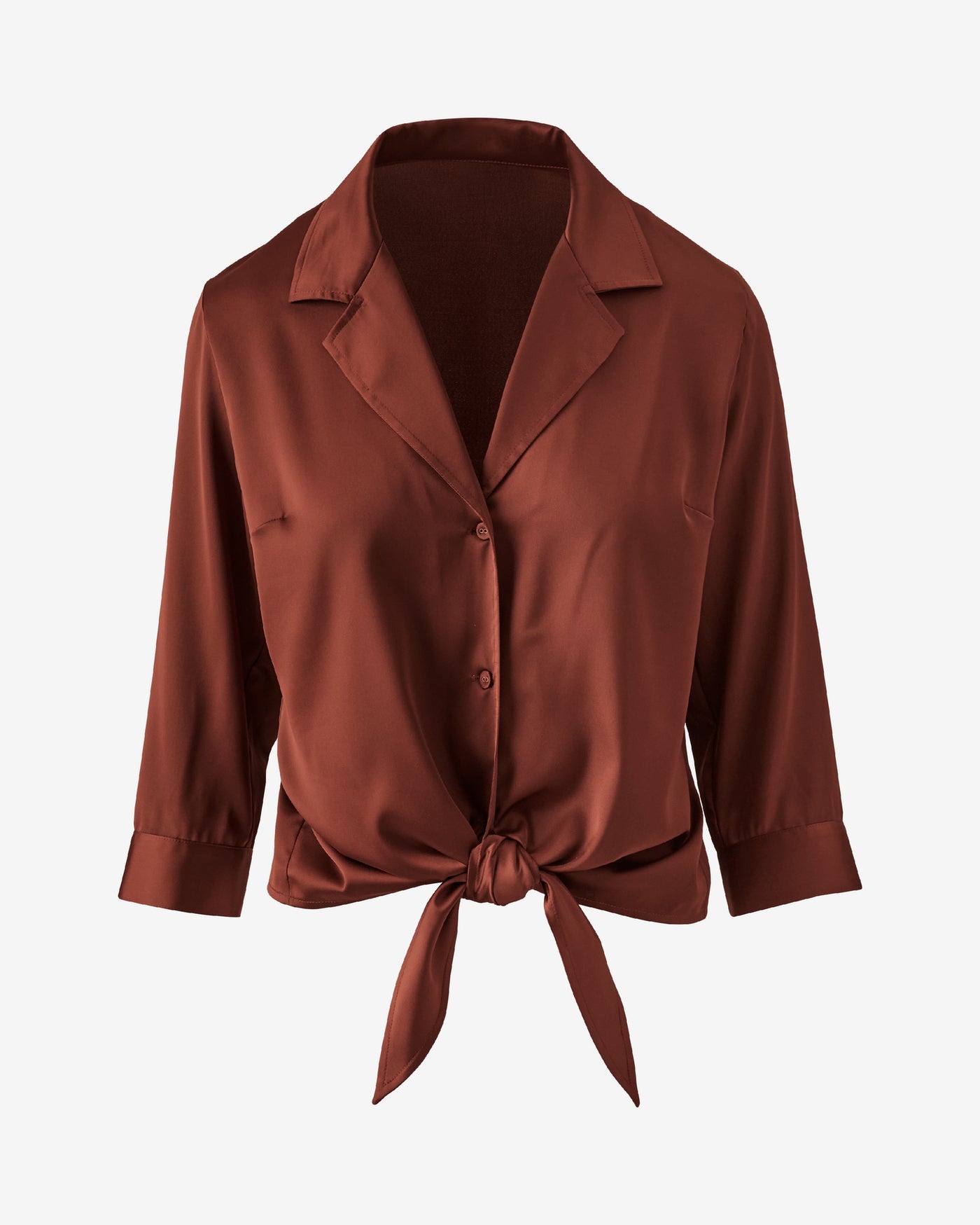 Charmeuse Notched Collar Tie Front Shirt Madder Brown