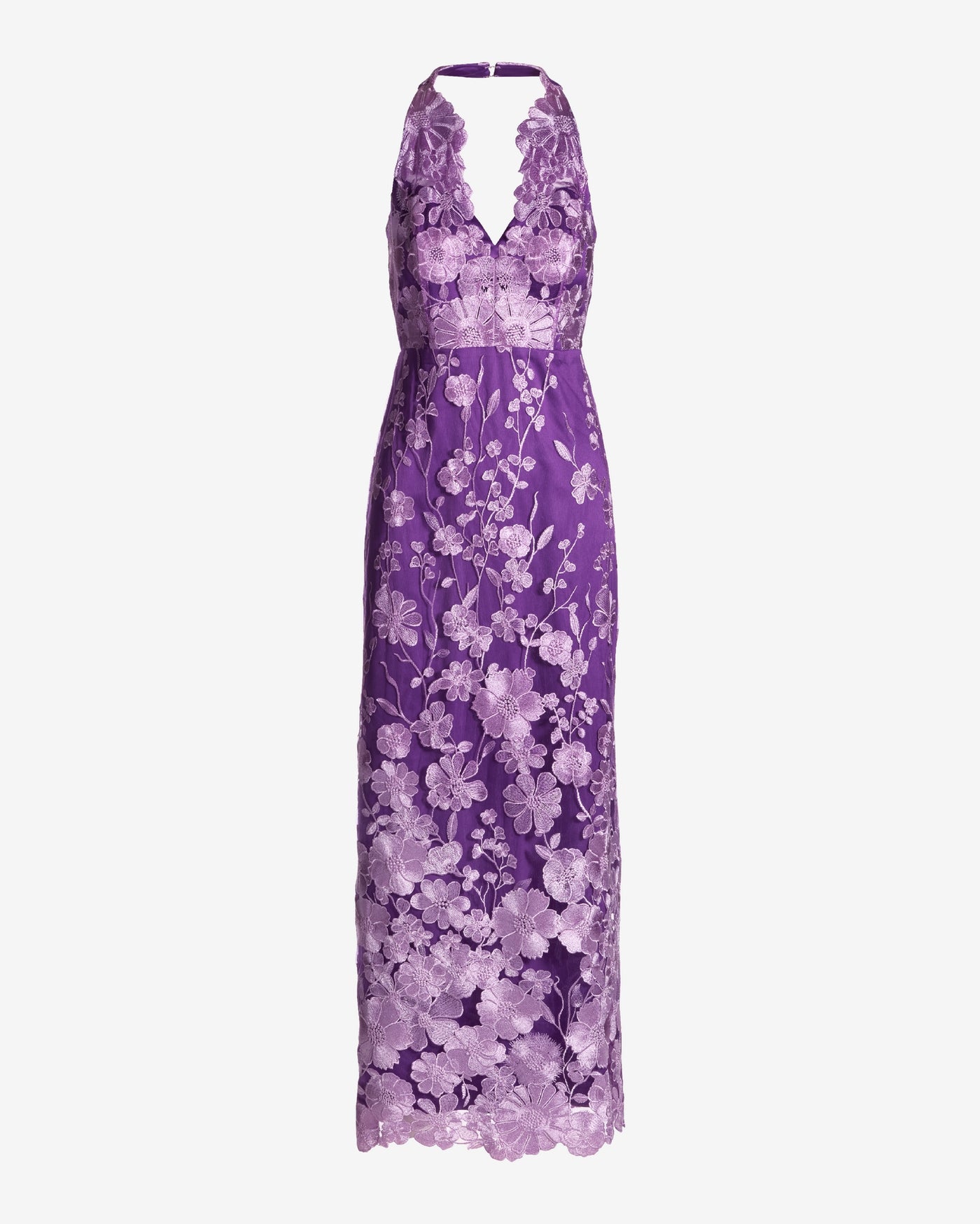 Scallop Detail Halter Embroidered Mesh Gown Lavender