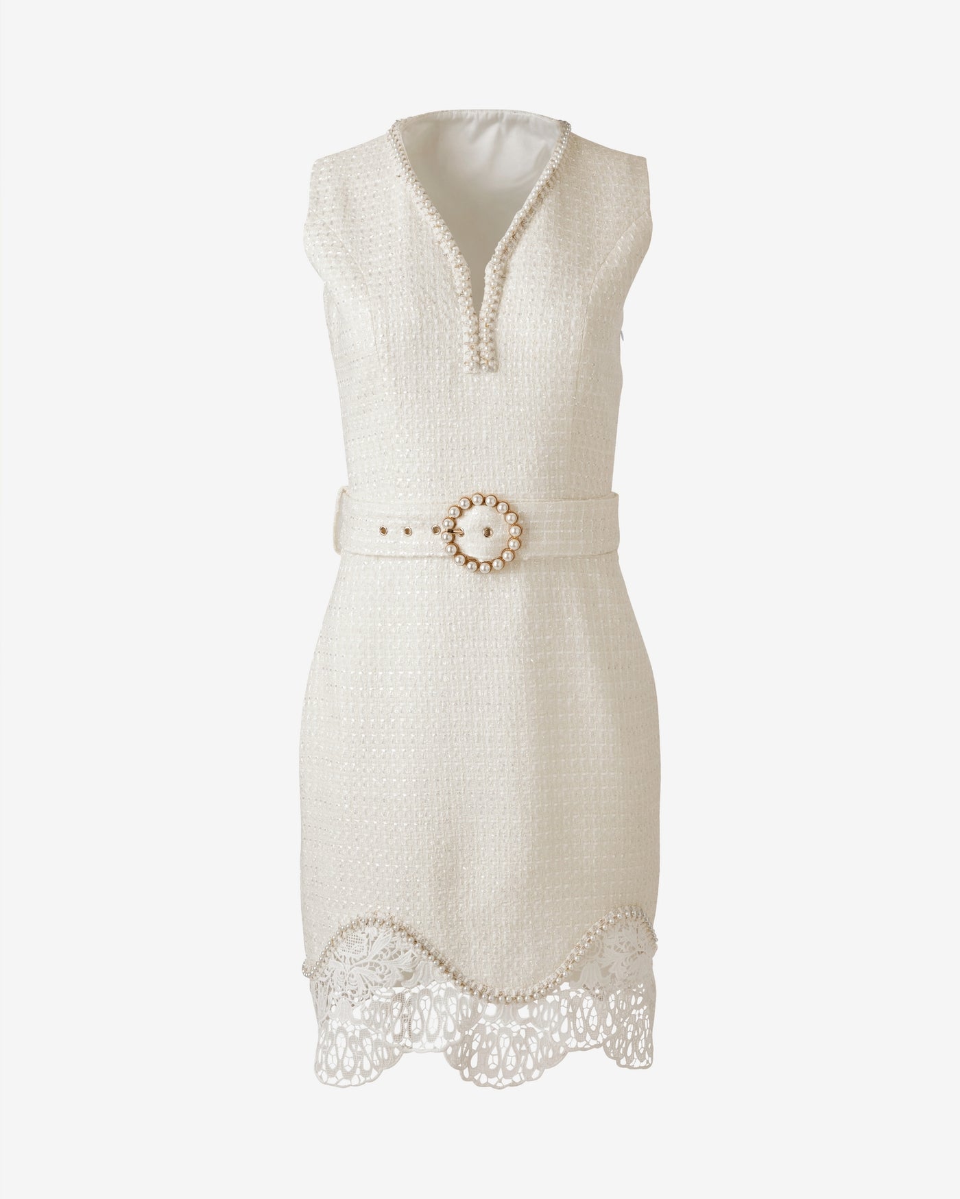 Belted Tweed Embellished Dress Pure White