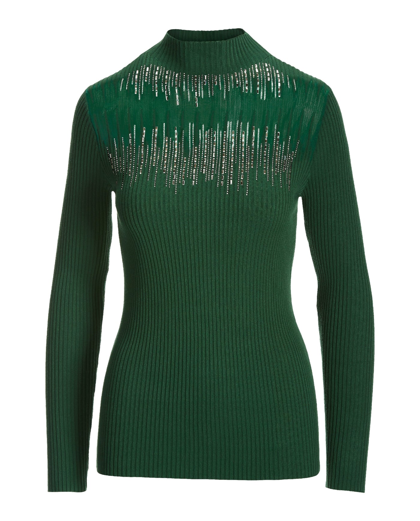 Embellished Illusion Mock Neck Sweater Evergreen