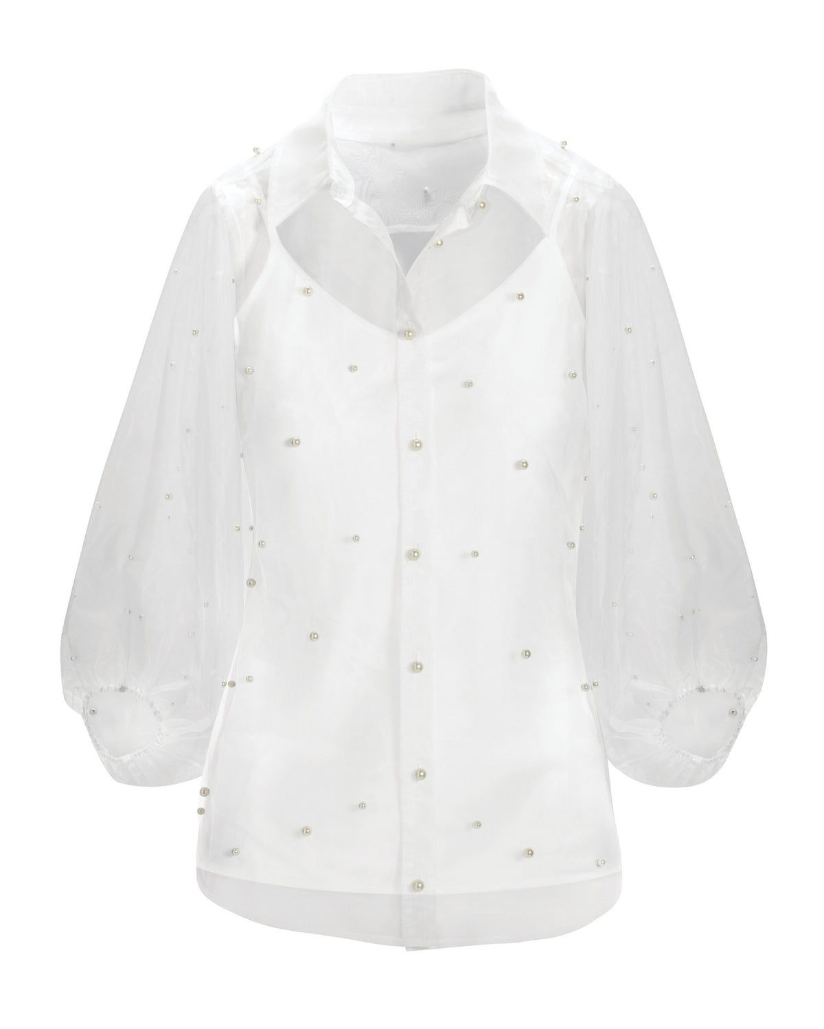 Pearl Embellished Organza Balloon Sleeve Shirt Off White