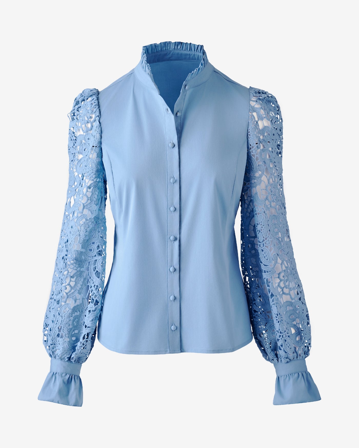 Poplin Ruffle Neck Lace Sleeve Blouse Blue Bell