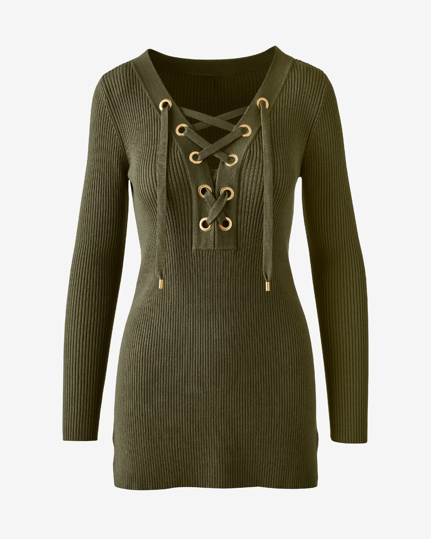 Ribbed Lace Up Sweater Tunic Olive Night
