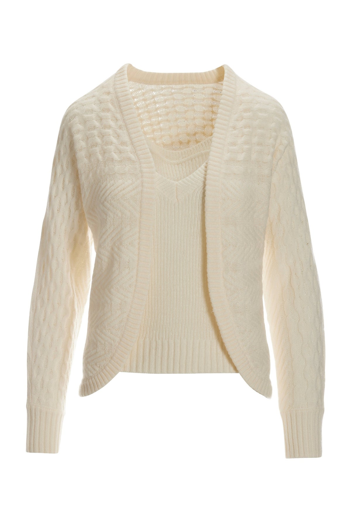 Cable Detail Cardigan and Cami Sweater Set Off White