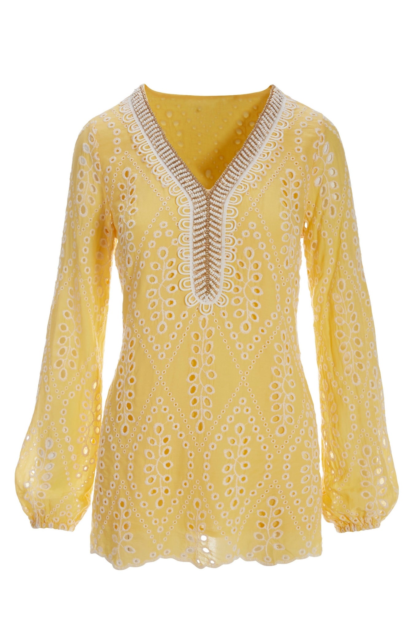 Eyelet Embellished Tunic Top Lemon Drop