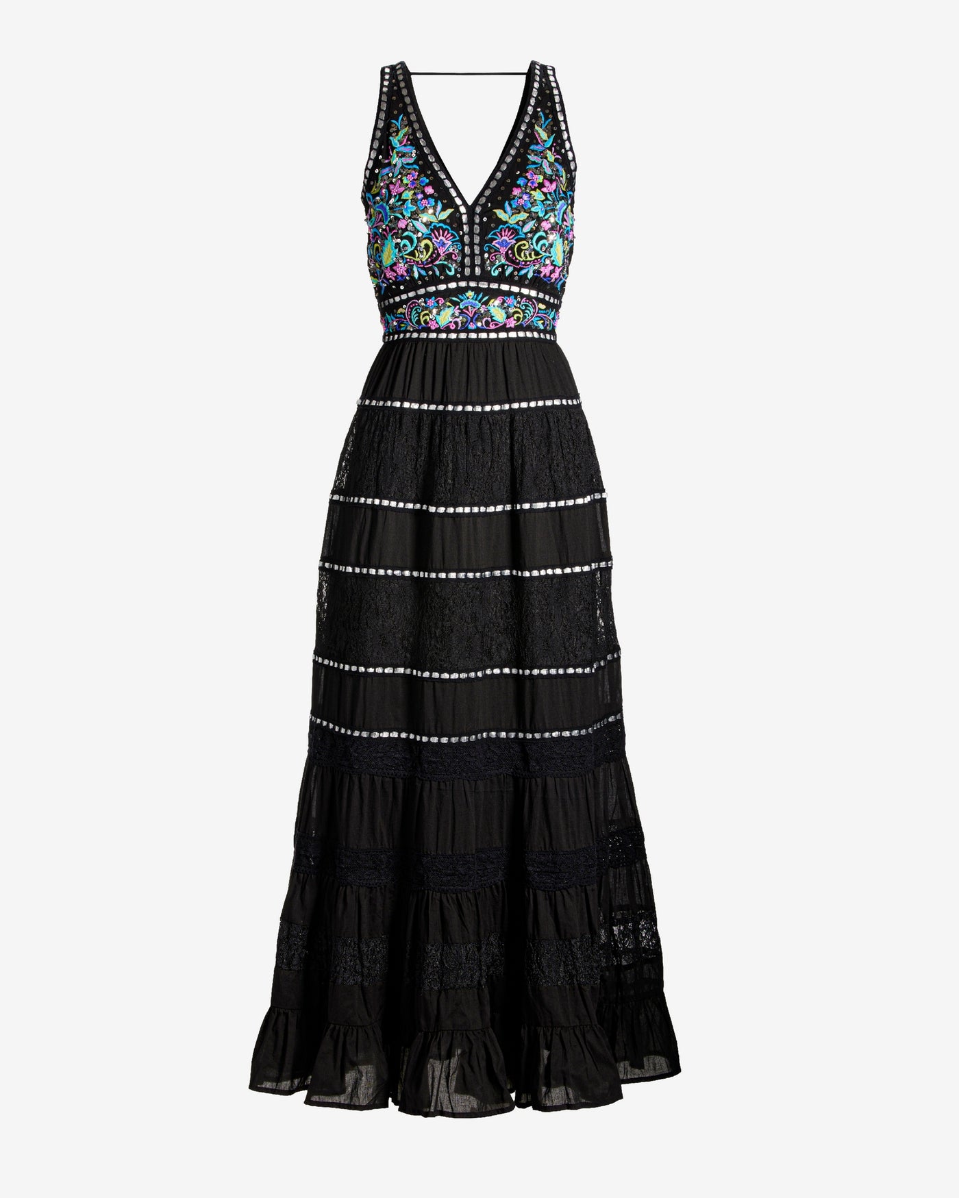 Embroidered and Embellished Tiered Lace Inset Maxi Dress Black