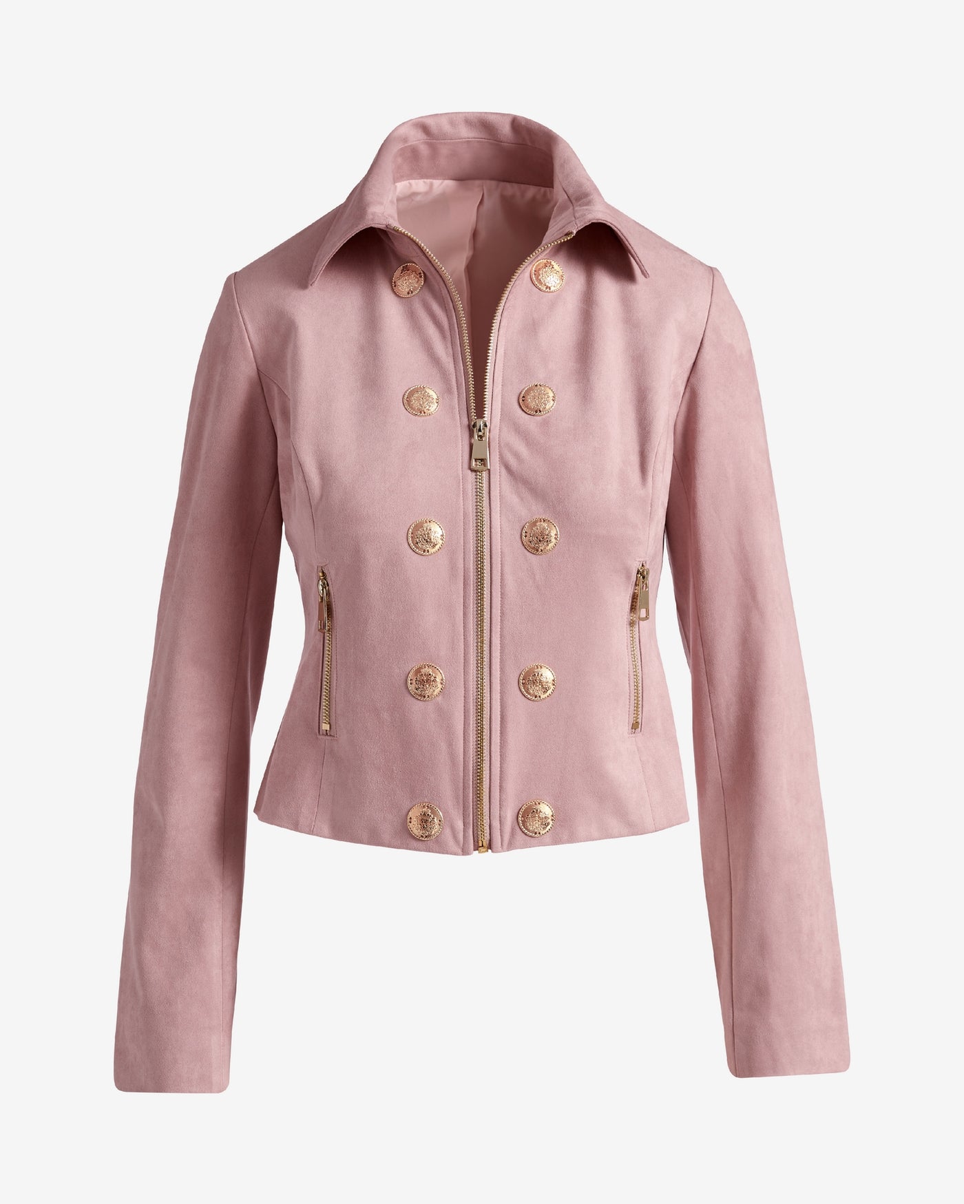 Zip Front Crest Button Faux Suede Jacket Pink