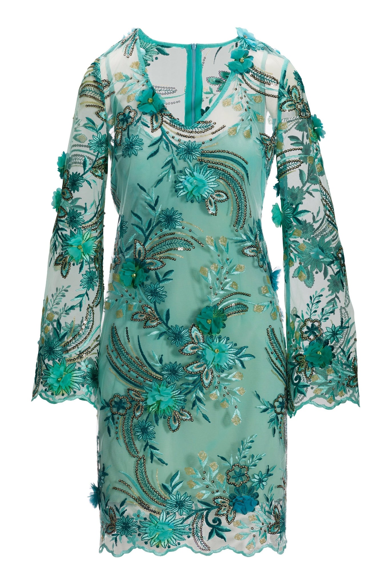 Flare Sleeve Sequin Embroidered Mesh Dress Multi