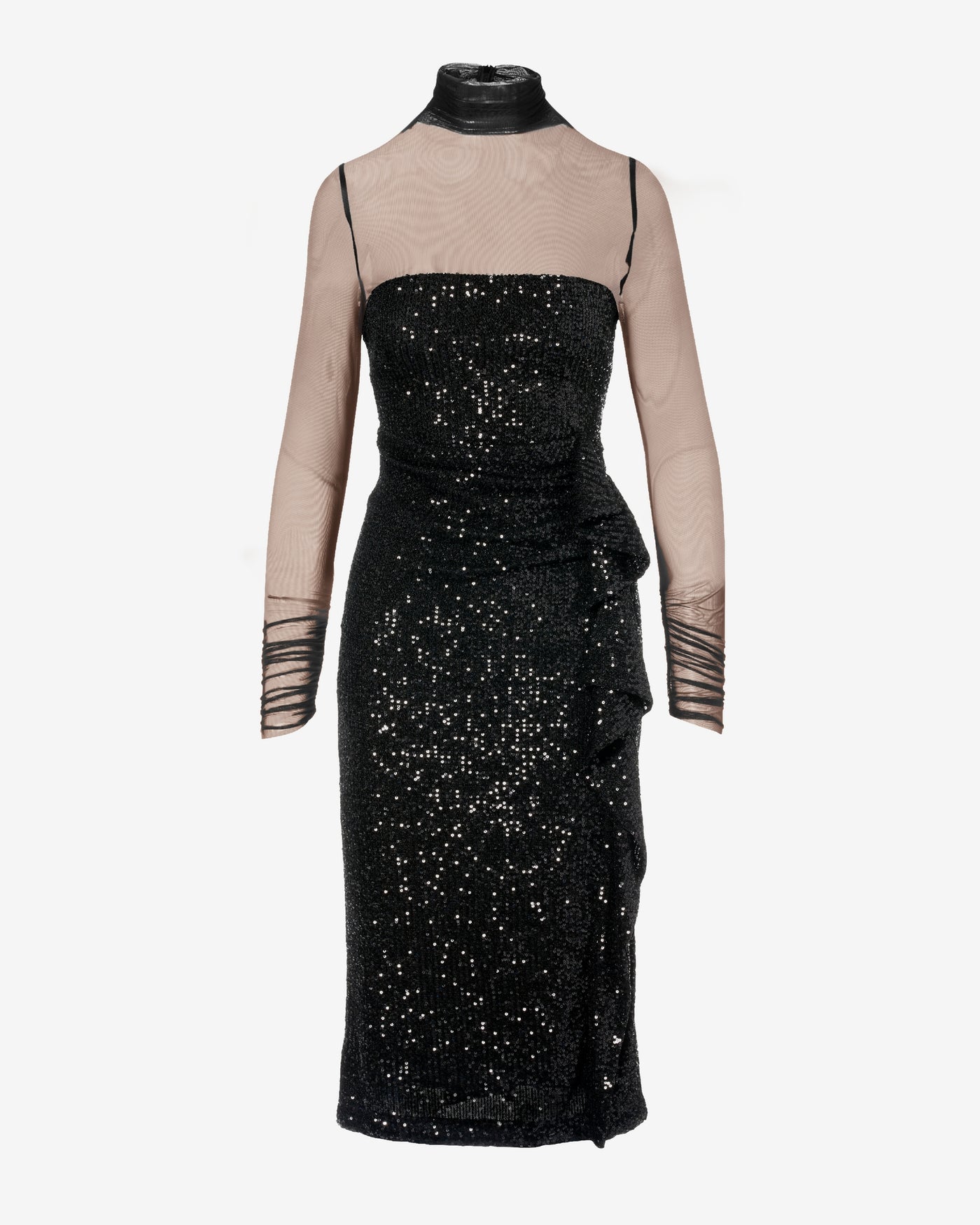 Mesh Long Sleeve Sequin Sheath Dress Black