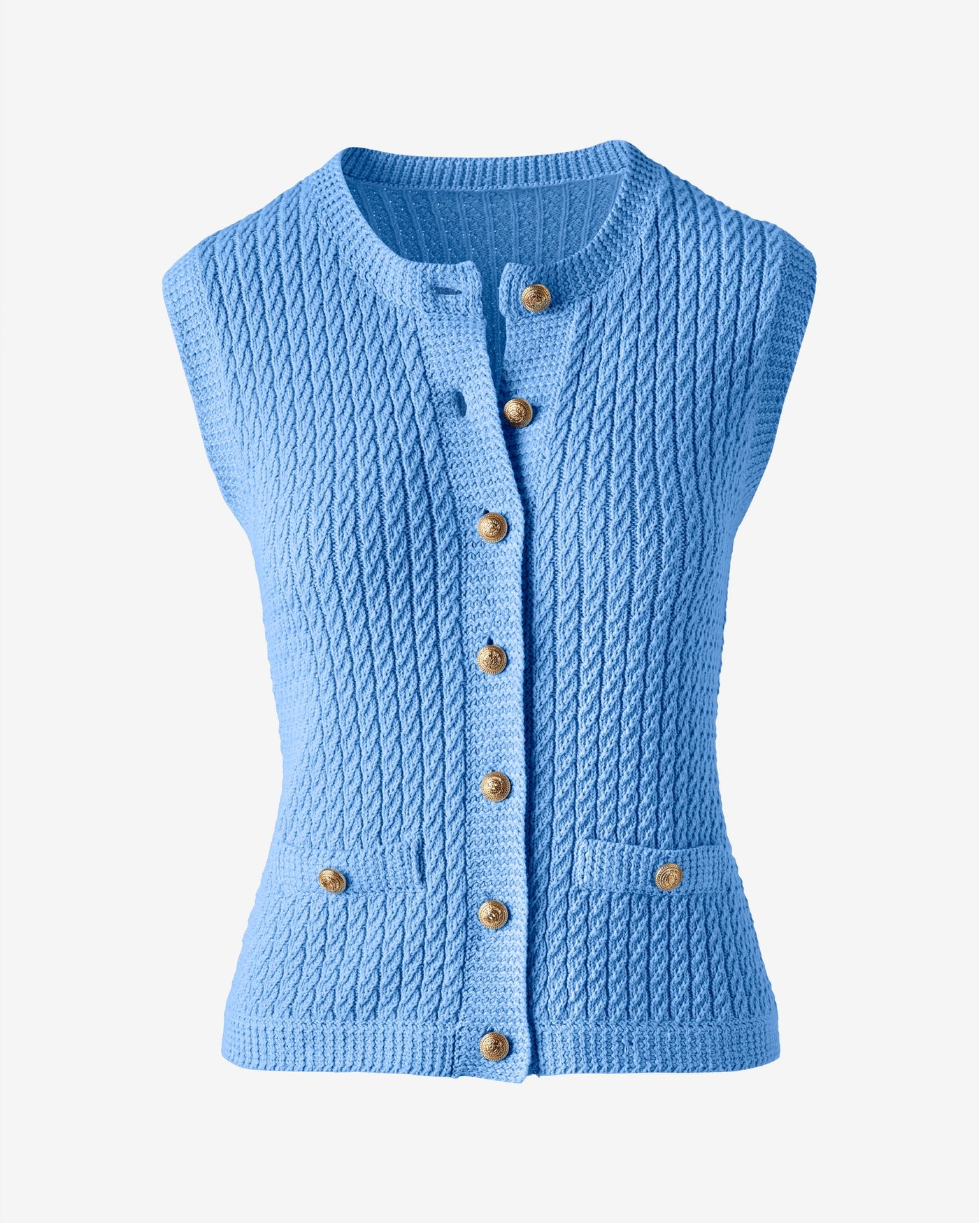 Sleeveless Textured Knit Button Front Sweater Blue Bell