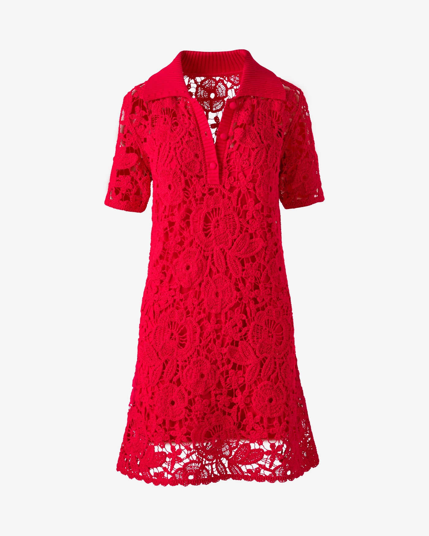 Collared Crochet Shirt Dress Tomato Red
