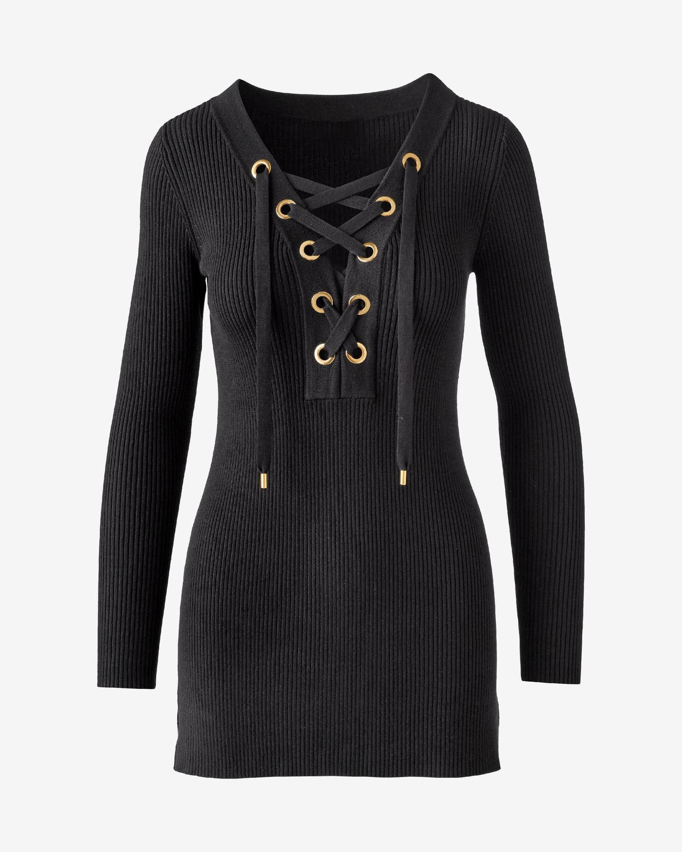 Ribbed Lace Up Sweater Tunic Black