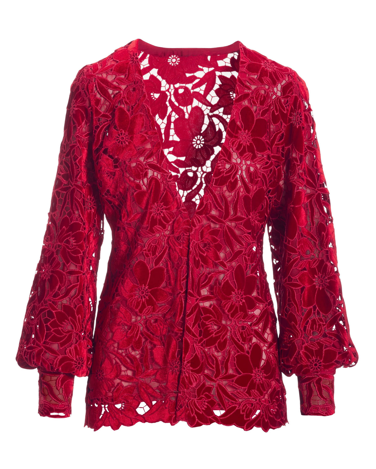 Velvet Floral Lace Hip Length Duster Racing Red