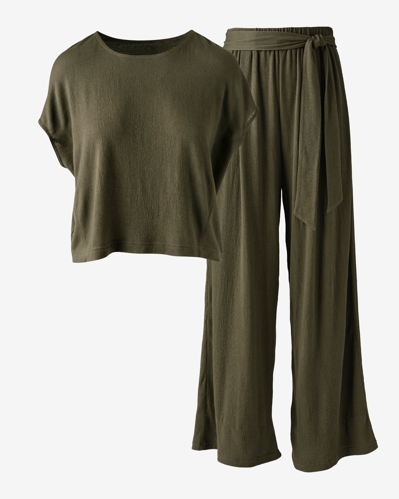 Textured Knit T-Shirt and Pant with Sash Set Olive Night