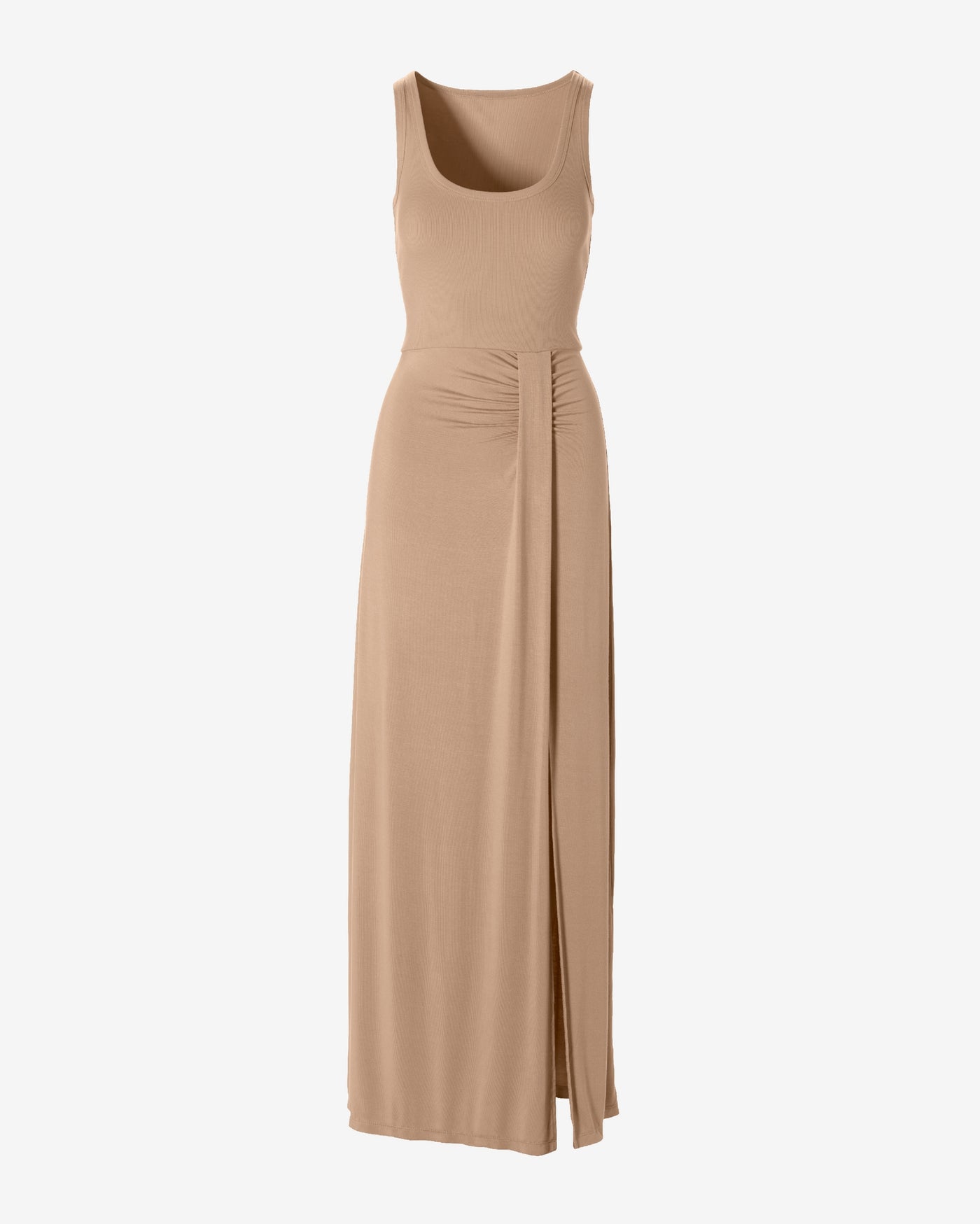 Rib Knit Mixed Media Scoop Neck Slit Maxi Dress Sesame