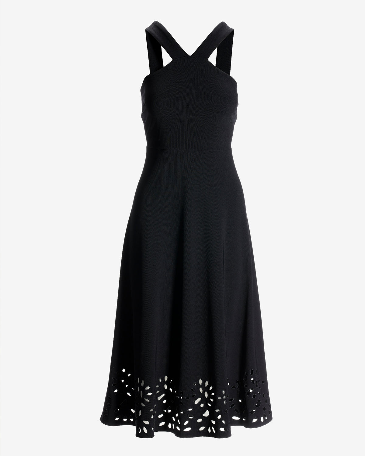 Beyond Travel High Neck Laser Cut Midi Dress Jet Black