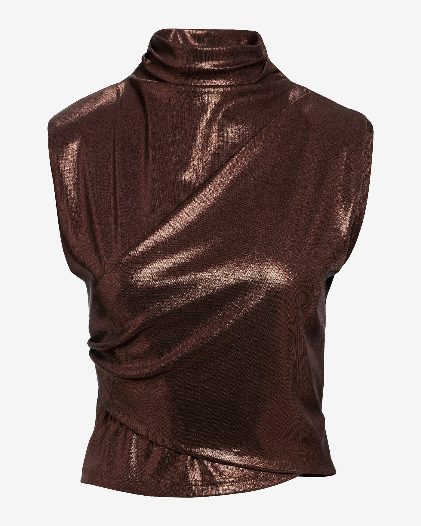 Metallic Drape Mock Neck Knit Top Brown