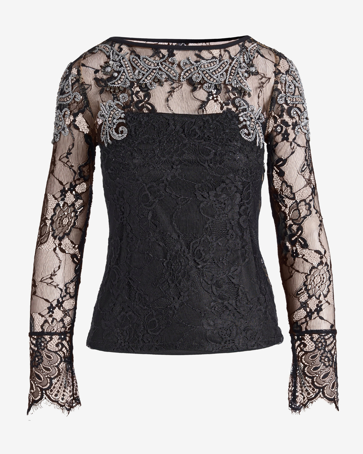 Embellished Lace Boat Neck Knit Top Black/White