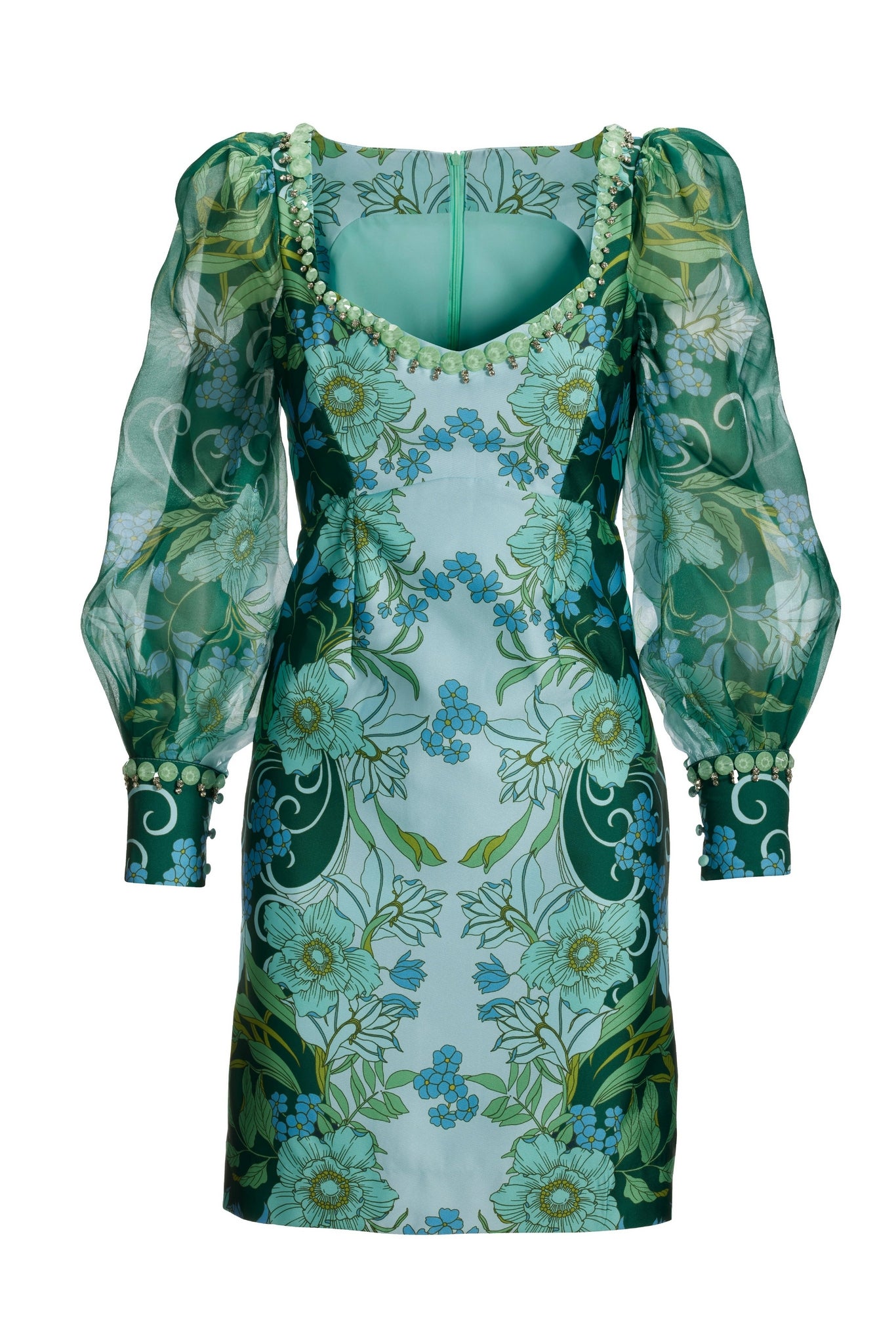 Organza Puff-Sleeve Embellished Shift Dress Multi