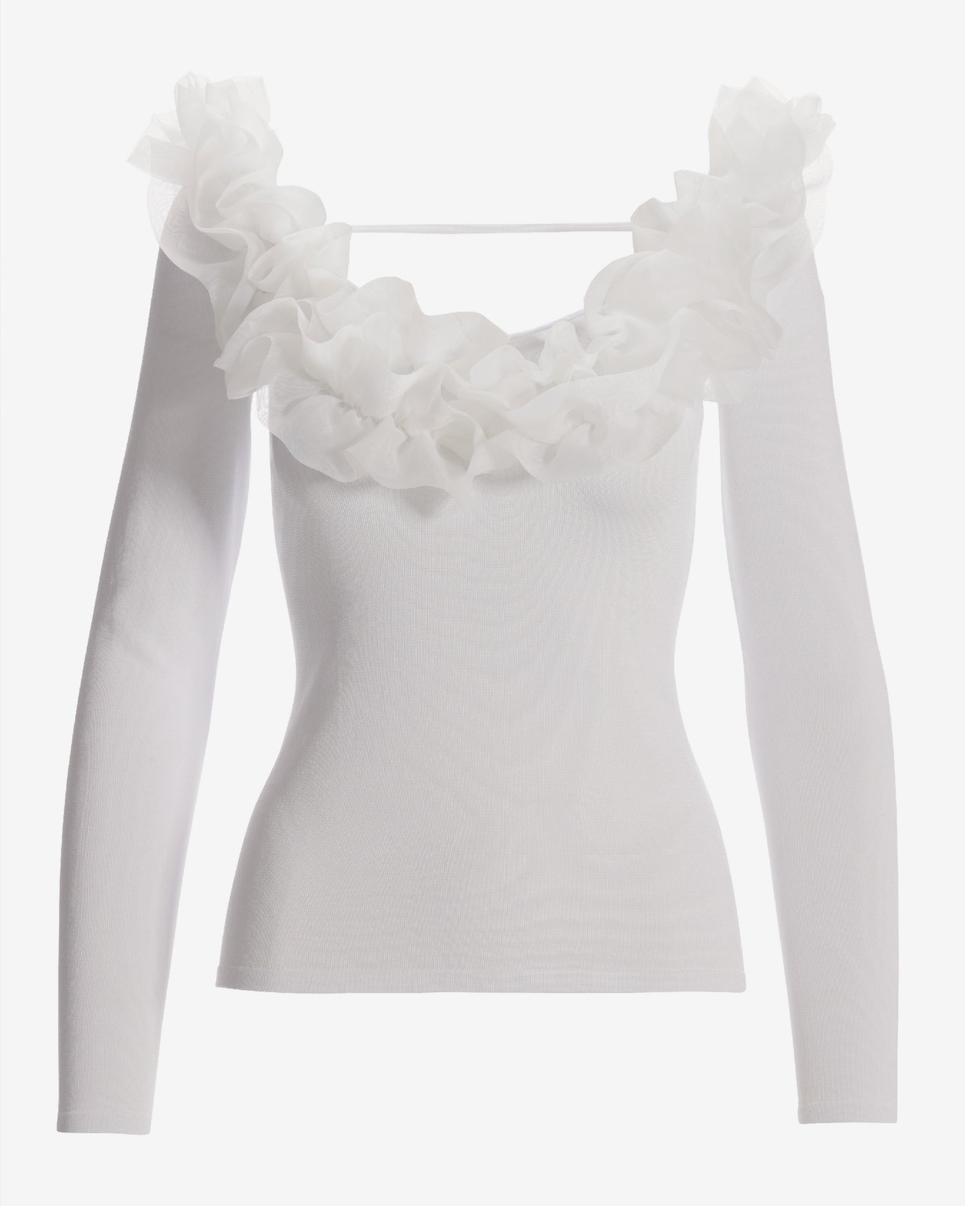 Organza Ruffle V Neck Sweater Off White