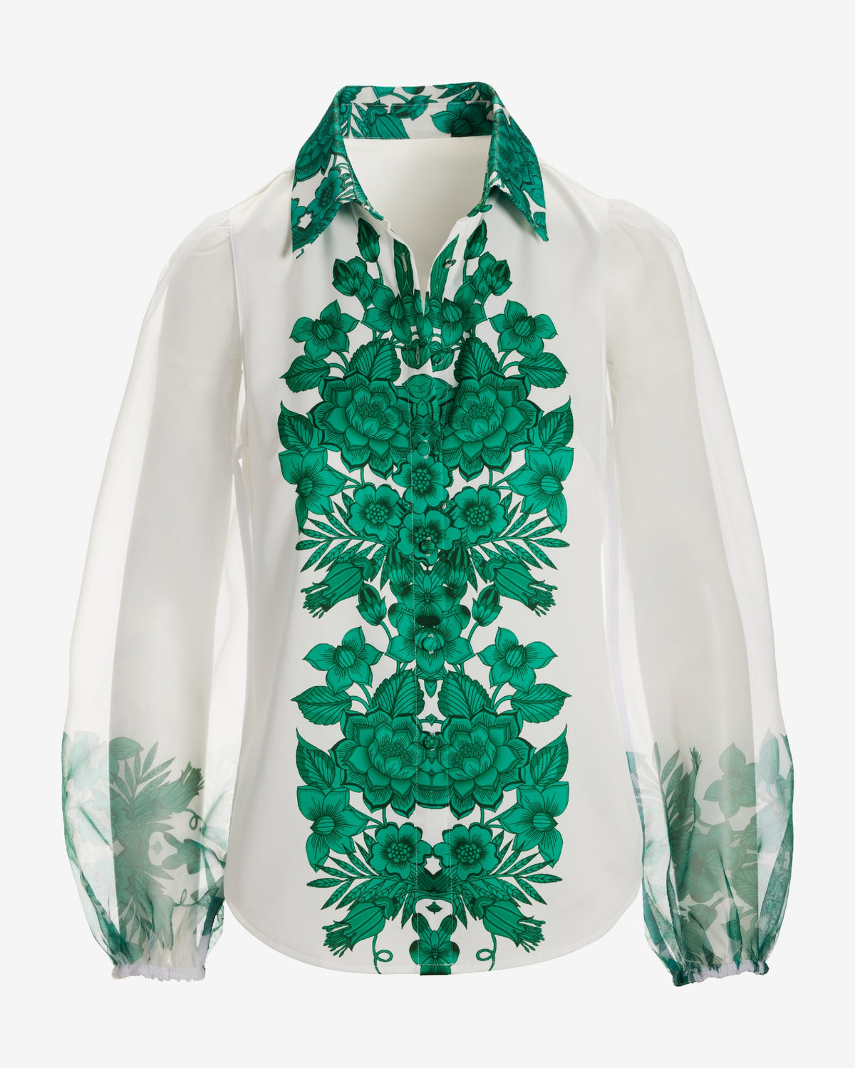 Printed Organza Sleeve Button Up Shirt Tropical Border