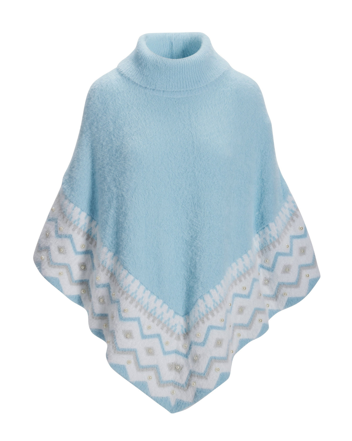Plush Fair Isle Pearl Embellished Poncho Airy Blue