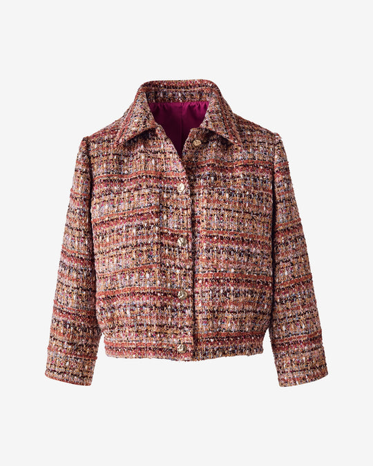 3/4 Sleeve Bomber Tweed Jacket with Novelty Buttons Purple Multi