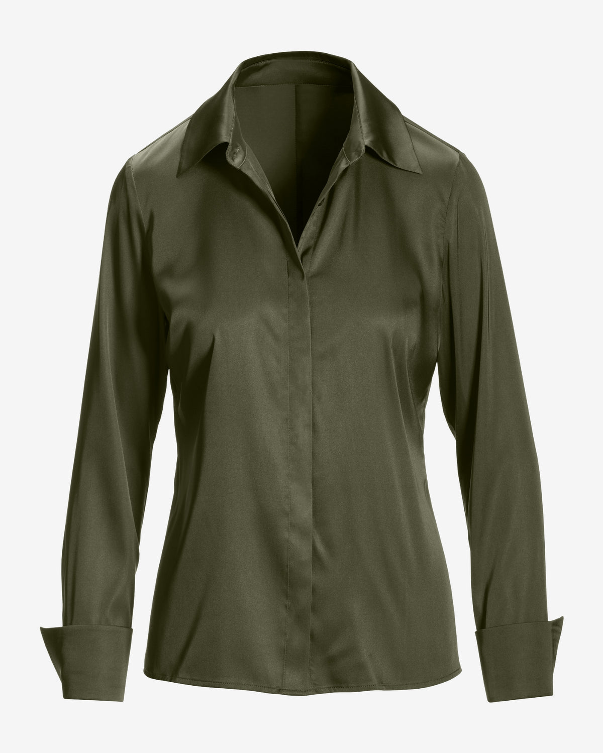 Sophia Button-Up Charmeuse Blouse Olive