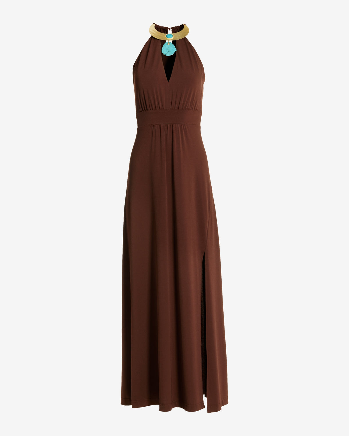 Turquoise Hardware Halter Knit Maxi Boho Dress Chocolate