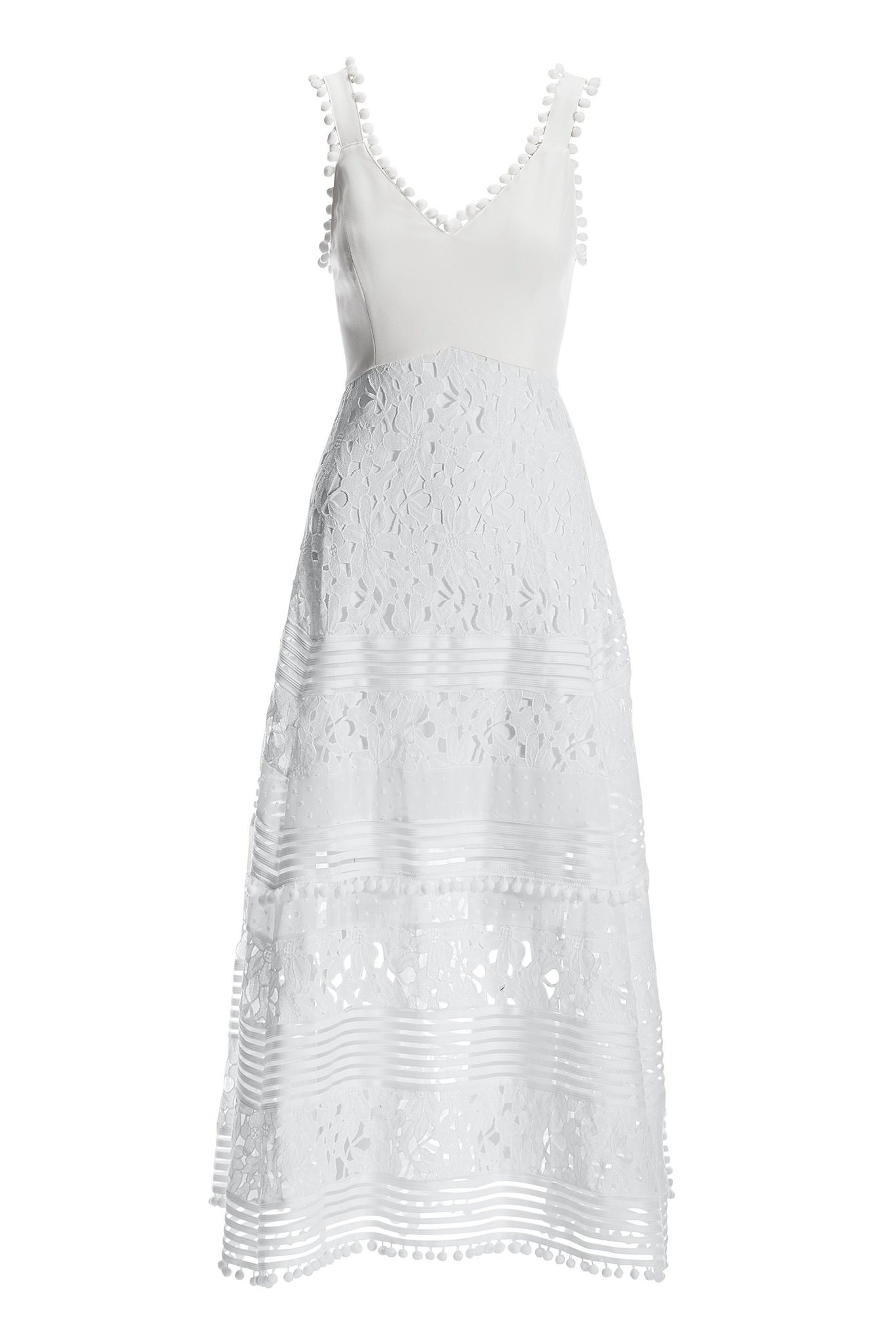 Mixed Media Lace Pom Pom Dress White