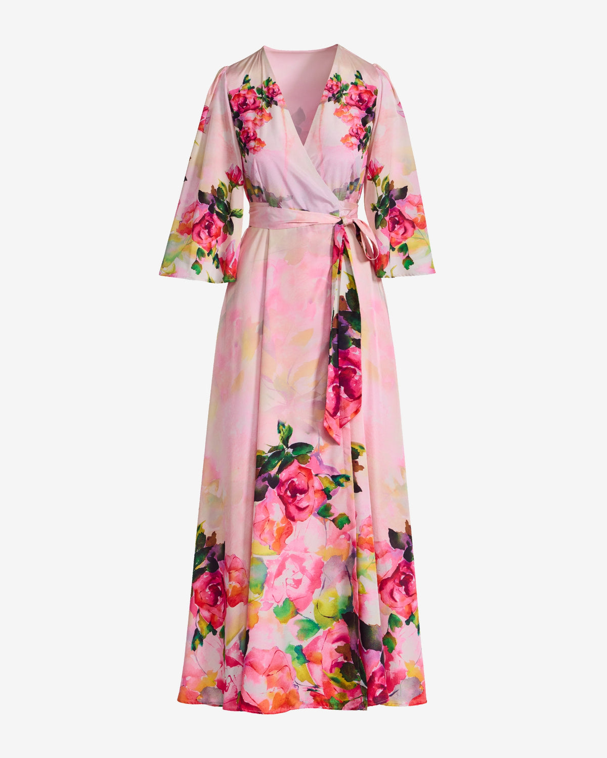 Watercolor Floral Print Wrap Maxi Dress Pink Multi