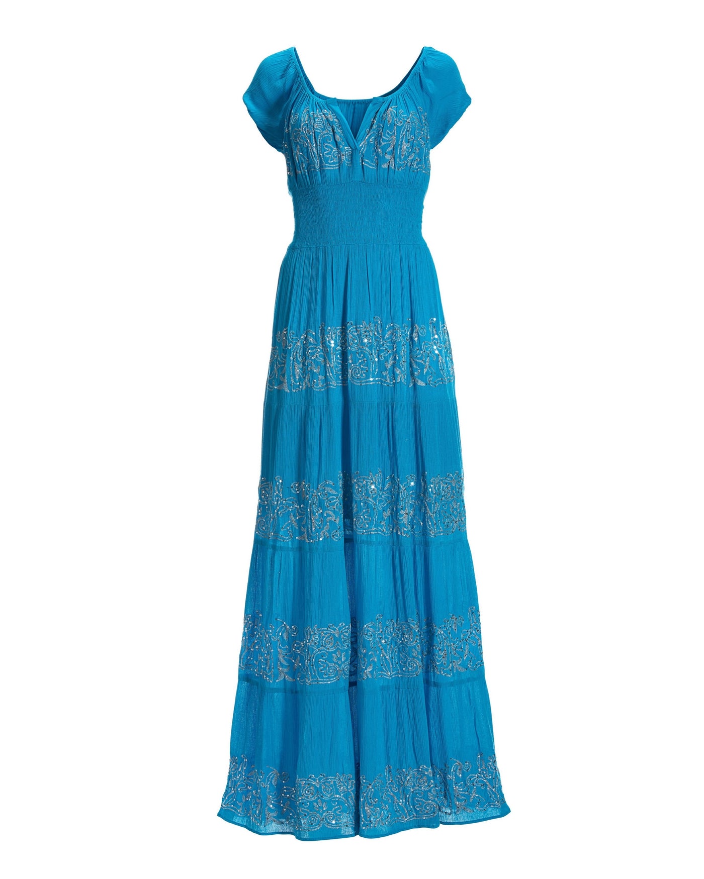 Metallic Detail Tiered Peasant Maxi Dress Blue Danube