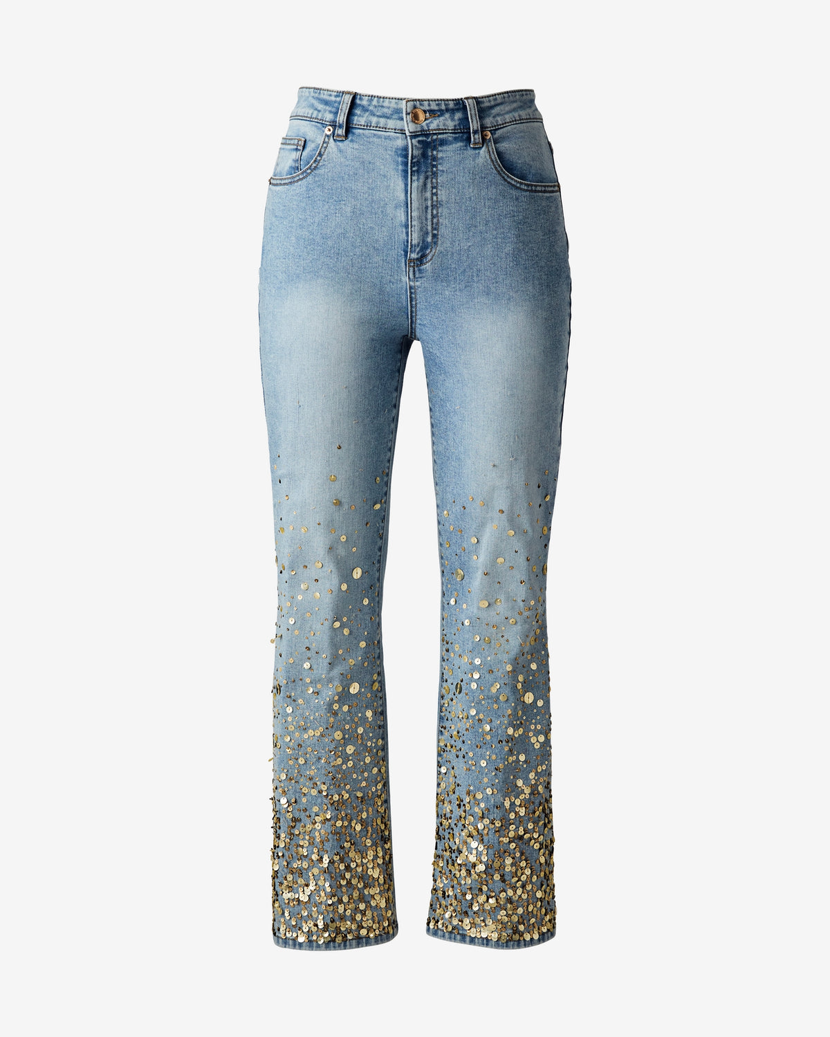 Ombre Sequin Kick Flare Crop Jean Medium Wash Denim