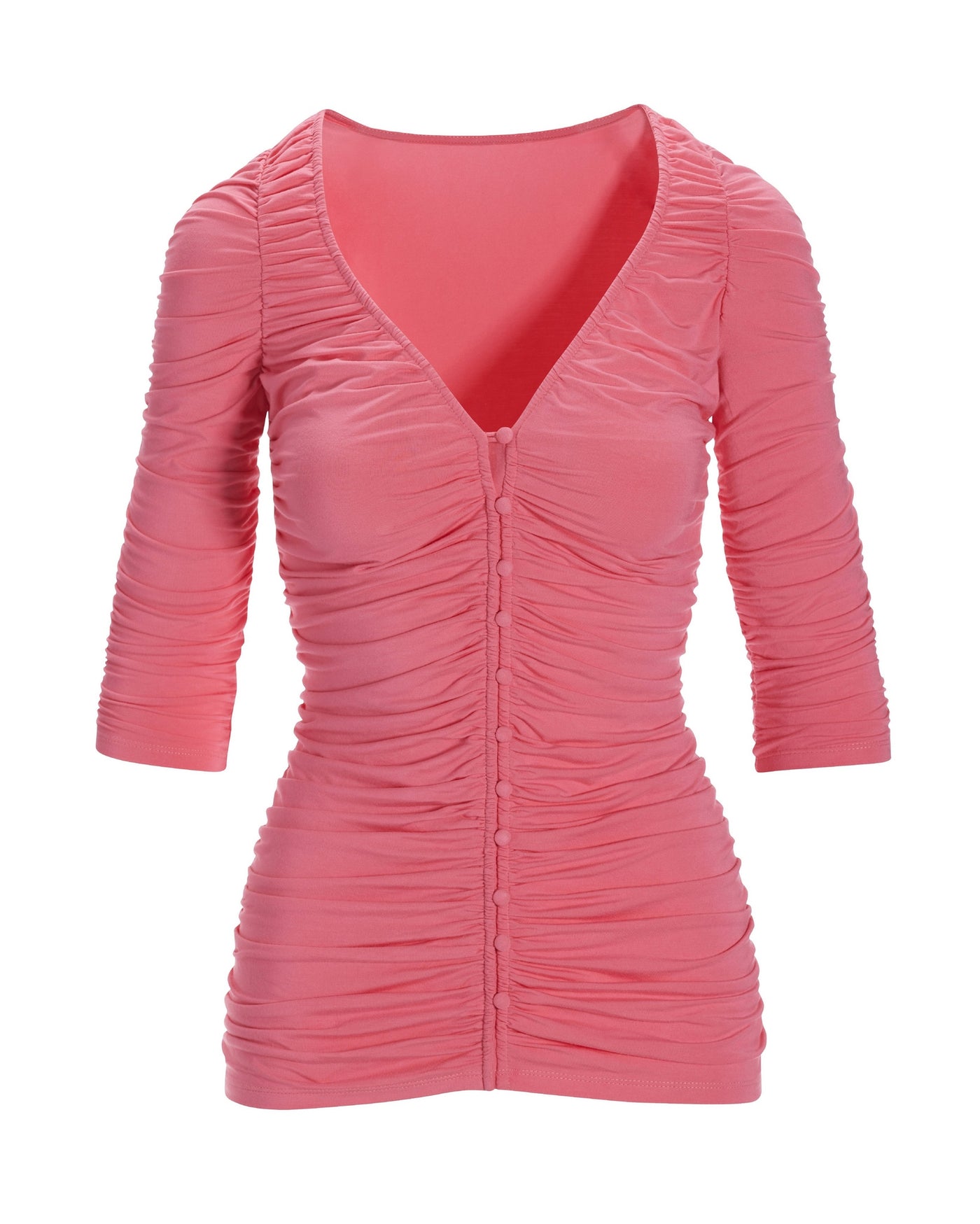 Ruched Covered-Button V-Neck Knit Top Strawberry Pink