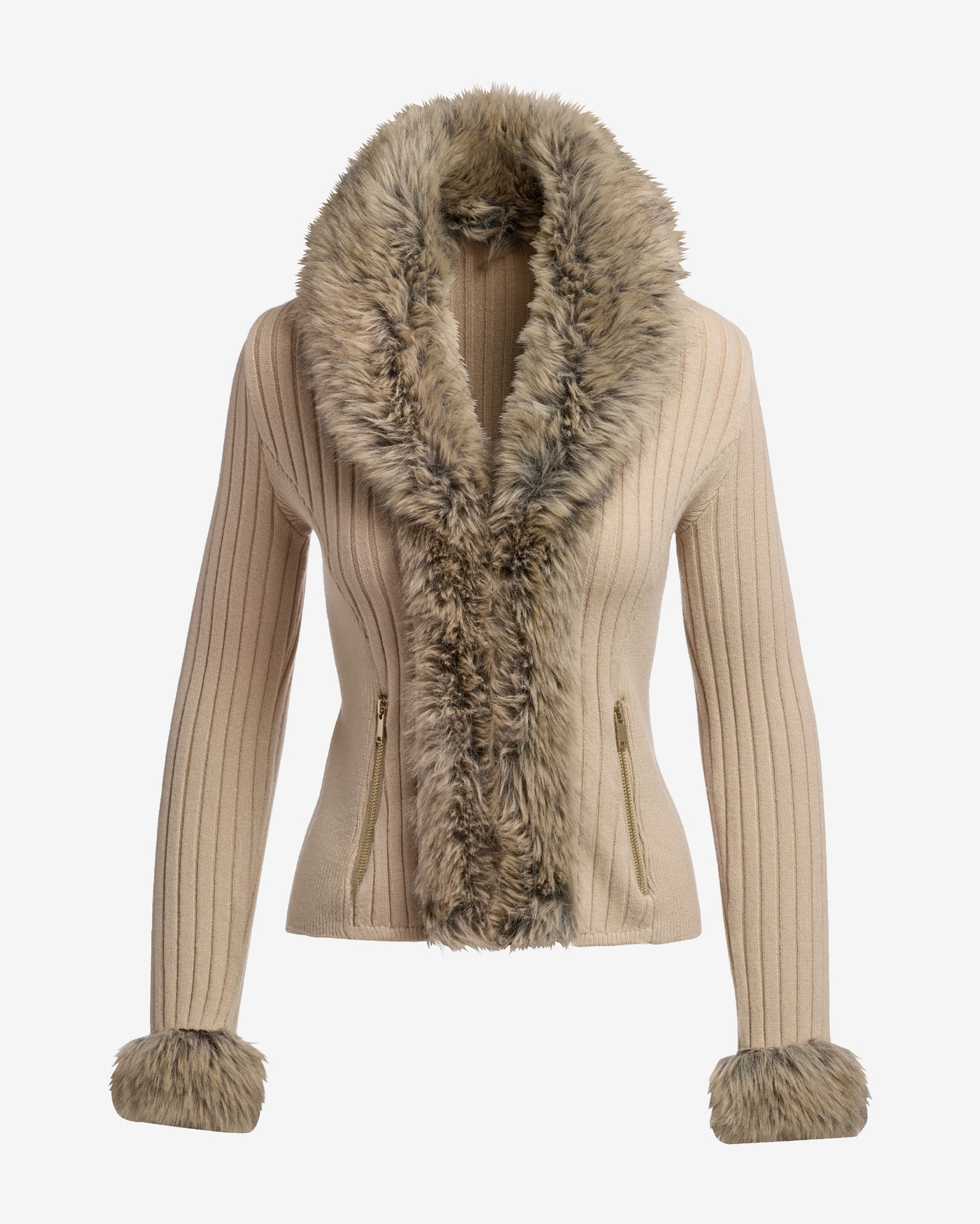 Faux Fur Trim Zip Up Cardigan Smoke Gray