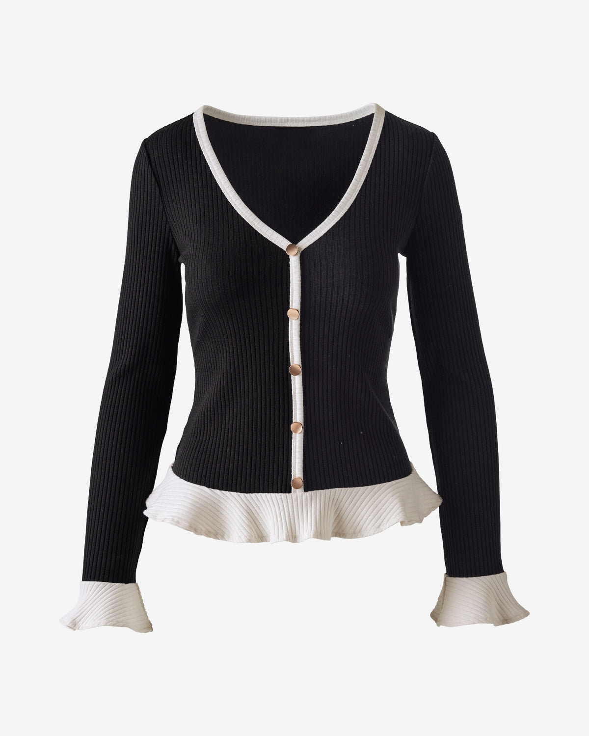 Contrast Button-Detail Ribbed Ruffle Pullover Proper Black/Off White