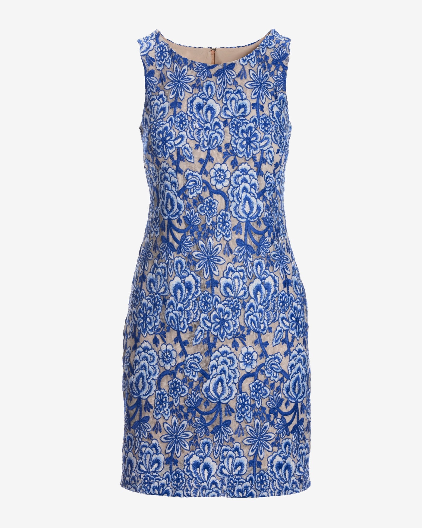 Floral Embroidered Mesh High Neck Sheath Dress Blue Multi