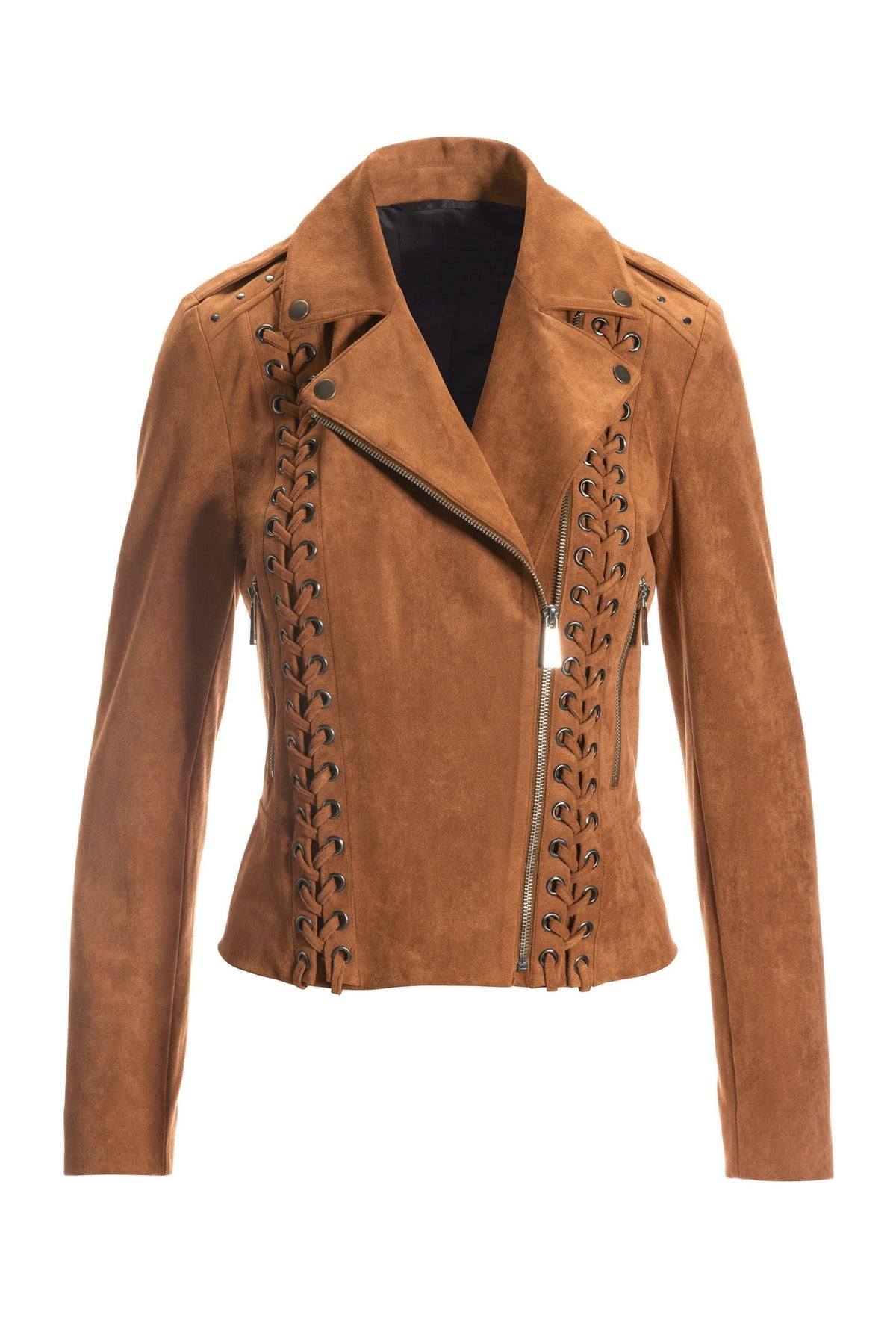 Faux Suede Lace Up Moto Jacket Cognac