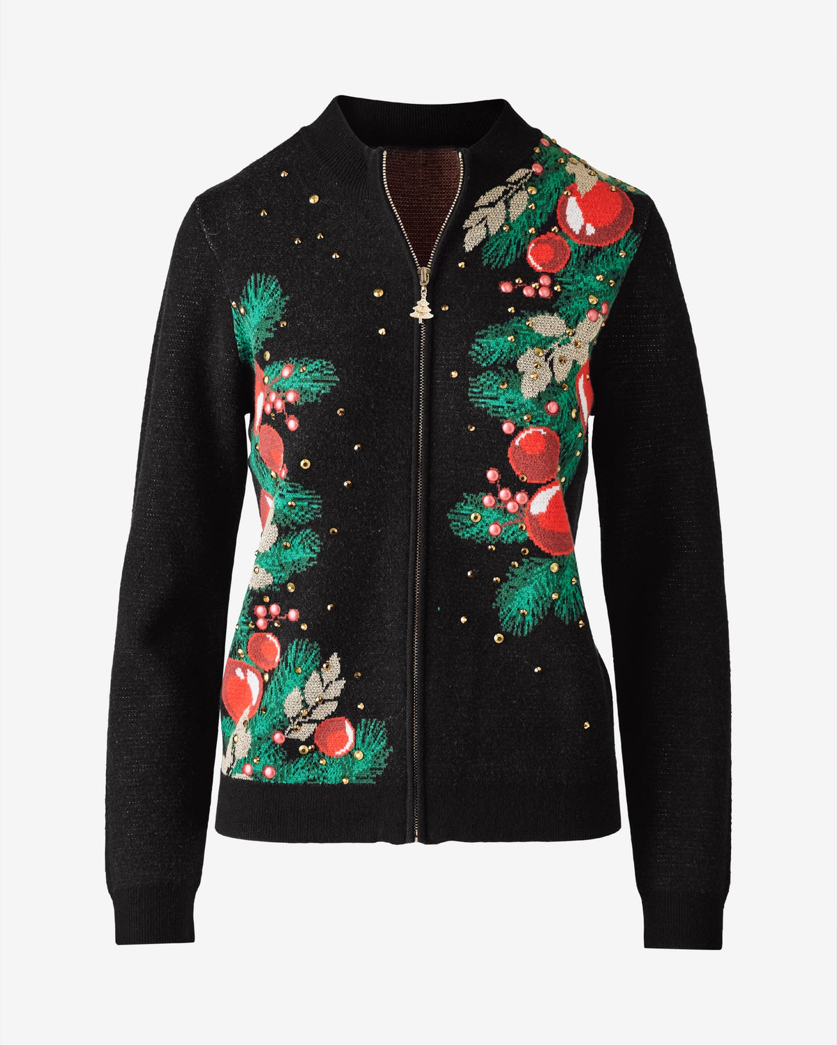Festive Ornaments Intarsia Zip Up Black Multi