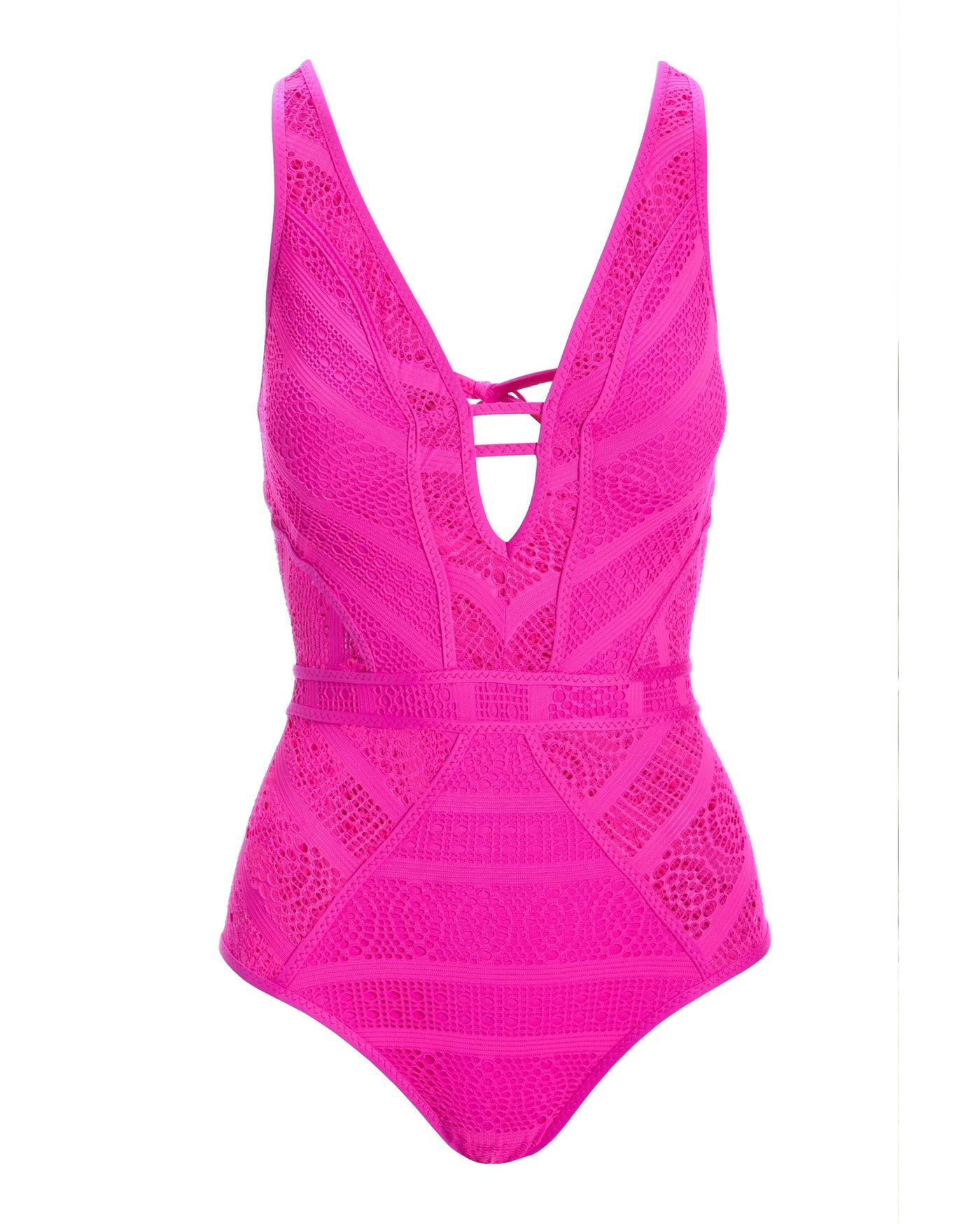 Pink Flambe Crochet Plunge One-Piece Pink